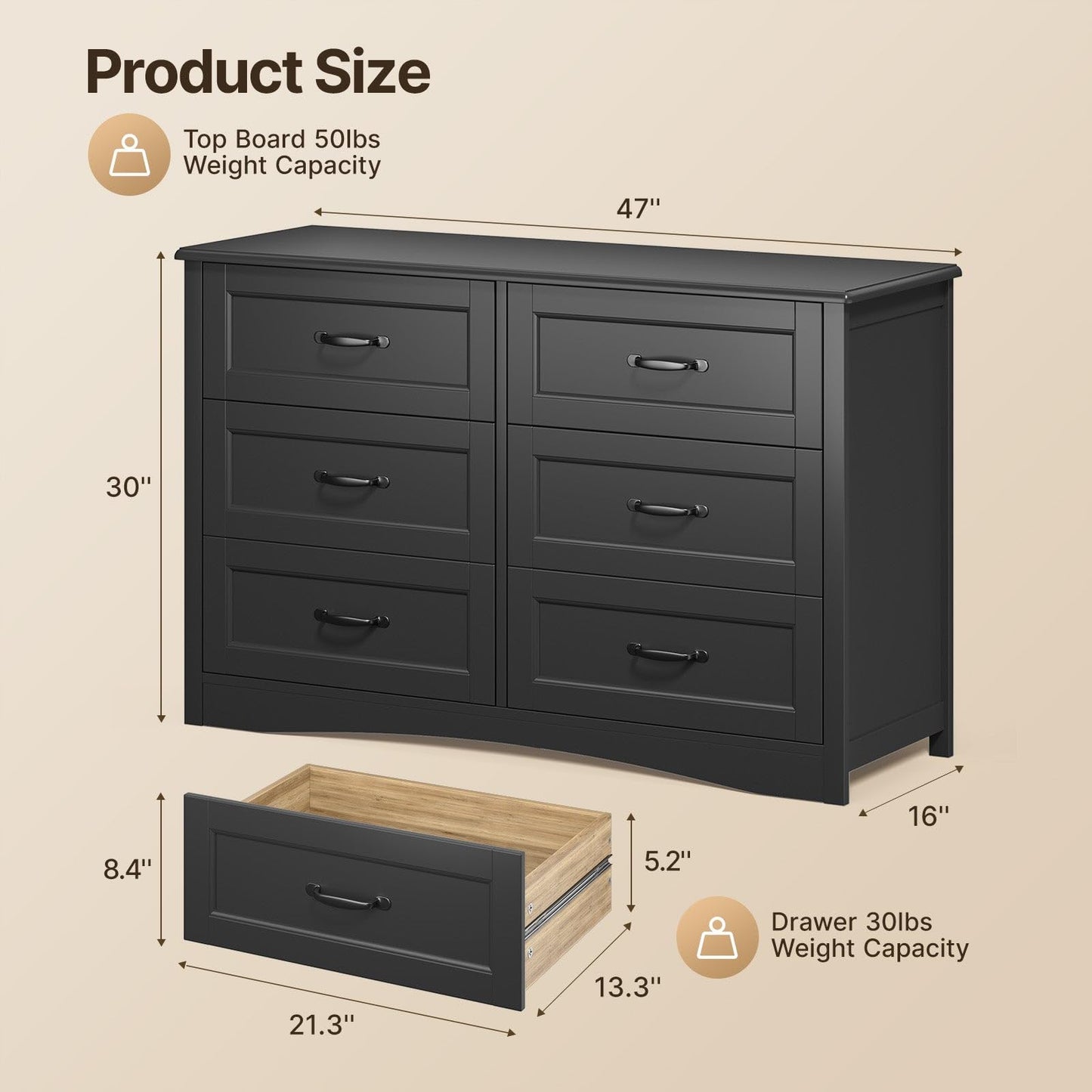 Gizoon 6 Drawer Dresser for Bedroom，47'' Larger Chest of Drawers with Mental Handle for Kids Room, Black Dresser with 6 Storage Drawers for Living Room, Entryway and Hallway, Black