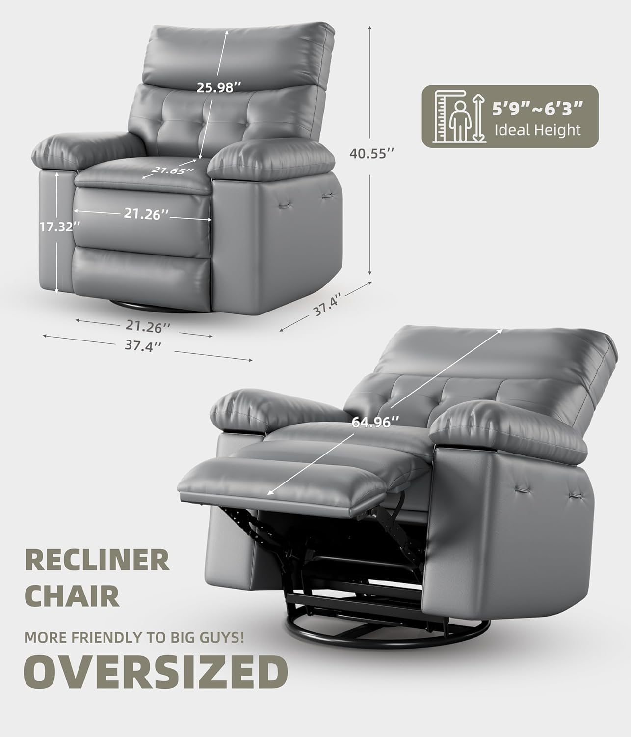 Oversized Recliner Chair for Adult,150°Recliner Chairs Ergonomic Nursery Chairs, Extra Wide Manual Recliners,PU Leather Upholstery Soft Sofa Chair for Livingroom,Grey