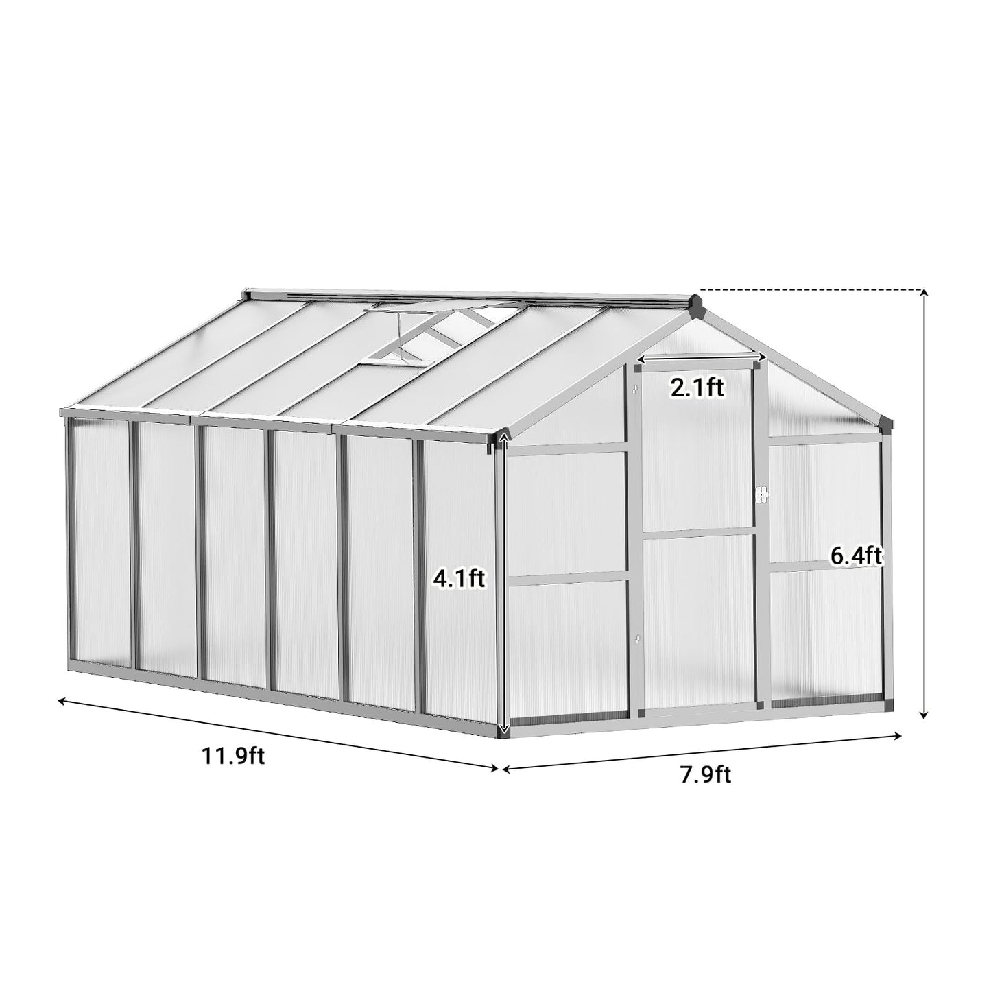8X12 FT Greenhouse, Greenhouses for Outside, Aluminum Frame Polycarbonate Panels with Sliding Lockable Door and Ajustable Roof Vent, Spacious Walk-in Design for Backyard, Garden, Patio, Silver