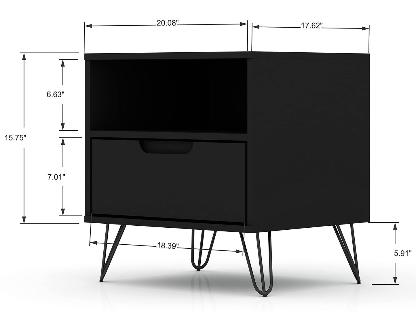 Manhattan Comfort Rockefeller Nightstands Set of 2 with Drawer and Cubby, Ideal for Bedroom and Living Room, Bedside Table with Mid Century Modern Design, Functional Storage Organizer, Black