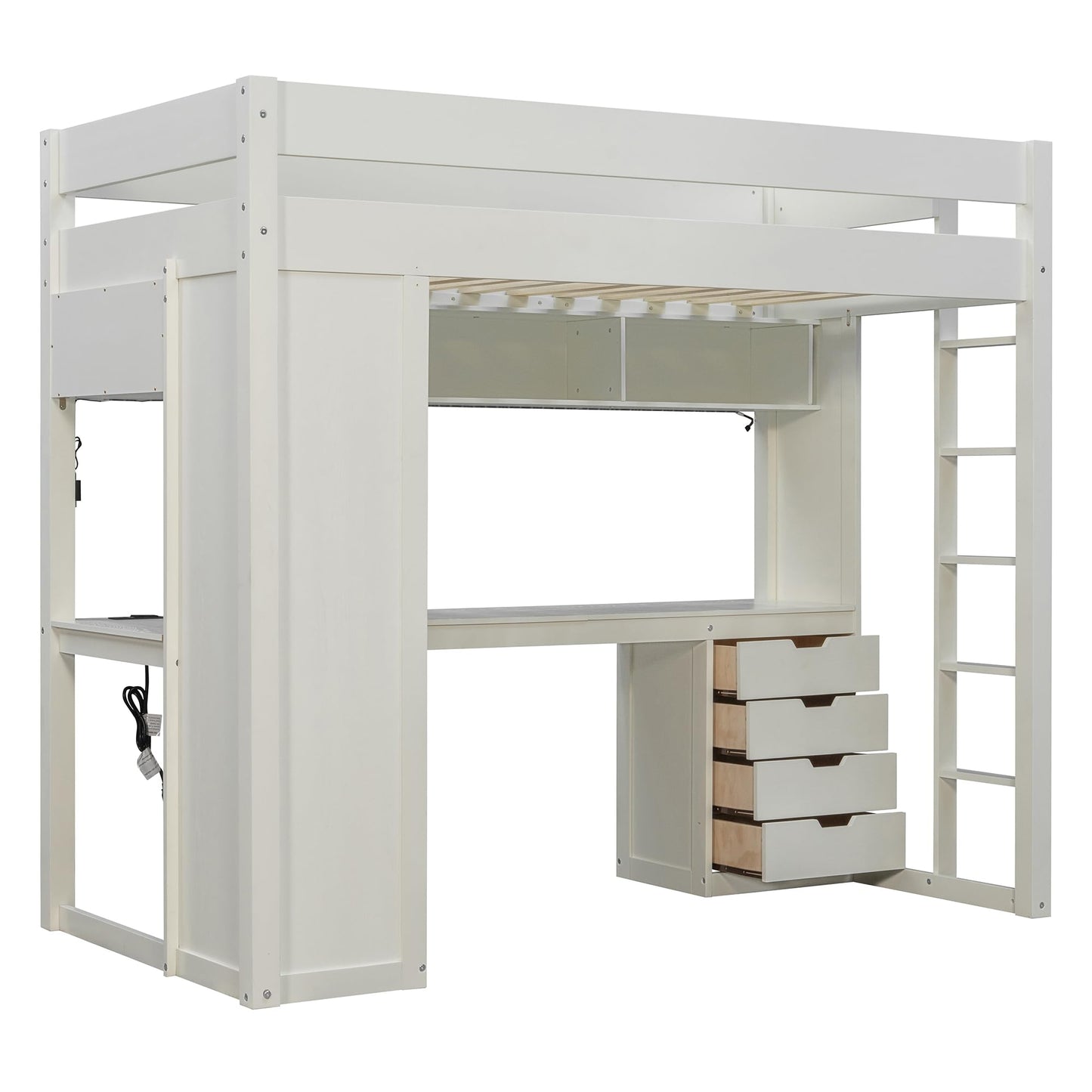 Merax Wood Twin Loft Bed with Desk & 4-Tier Bookshelf & 4 Drawers & Top Storage Shelves, Ash Veneer Bed Frame with Guardrails, Smart APP Control Light Strip, USB Charging Ports, Bear 400lbs, White