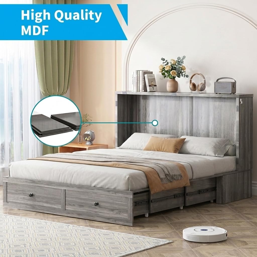 Mjkone Full Size Murphy Bed Cabinet with 5” Tri-Folding Foam Mattress, Foldable Convertible Chest Cabinet Wall Bed with Drawers & USB Charging Station for Small Spaces, Guest Room, Studio, Grey