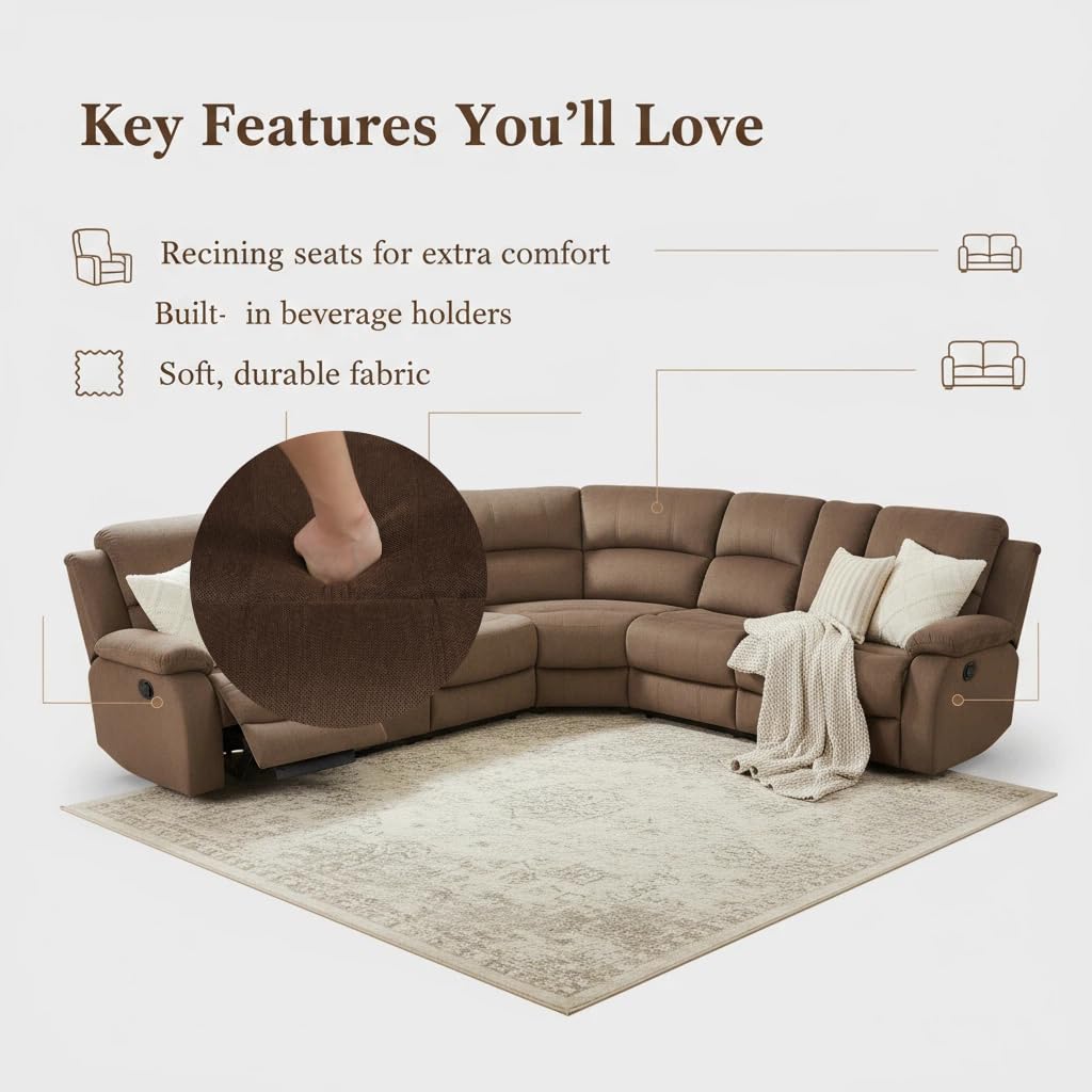 Trygoal Reclining Sectional Sofa Set, L-Shaped Sectional Couch for Living Room, Home Theater Seating with Cup Holders, Modern Intelligent Recliner Sofa, Brown
