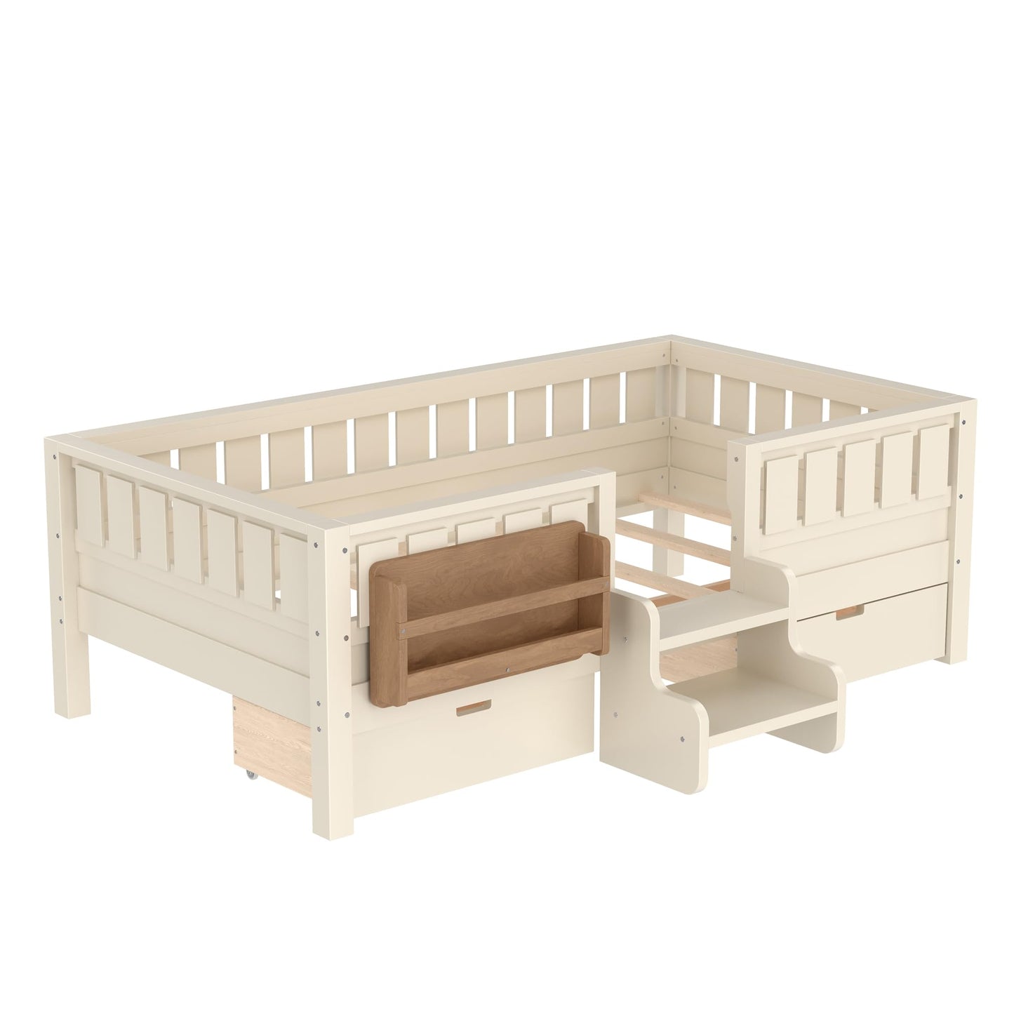 Bellemave Twin Bed with Slats and Stairs, Twin Size Platform Bed Frame with Fence, Bookshelf and Storage Drawers, Easy Assemble Beds for Kids, Girls, Boys, Beige