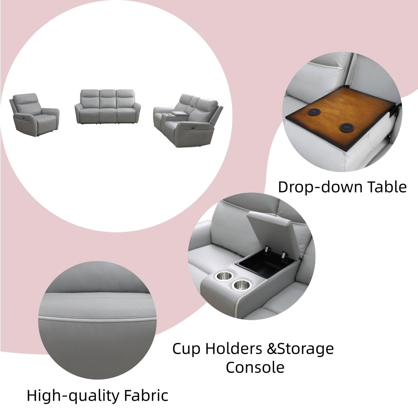 Trygoal Modern Power Recliner Sofa Set of 3, Breathable Faux Leather Home Theater Seating with Power Drop-Down Console, Wireless Charging & Storage Loveseat, Retro Vintage Furniture, Light Grey