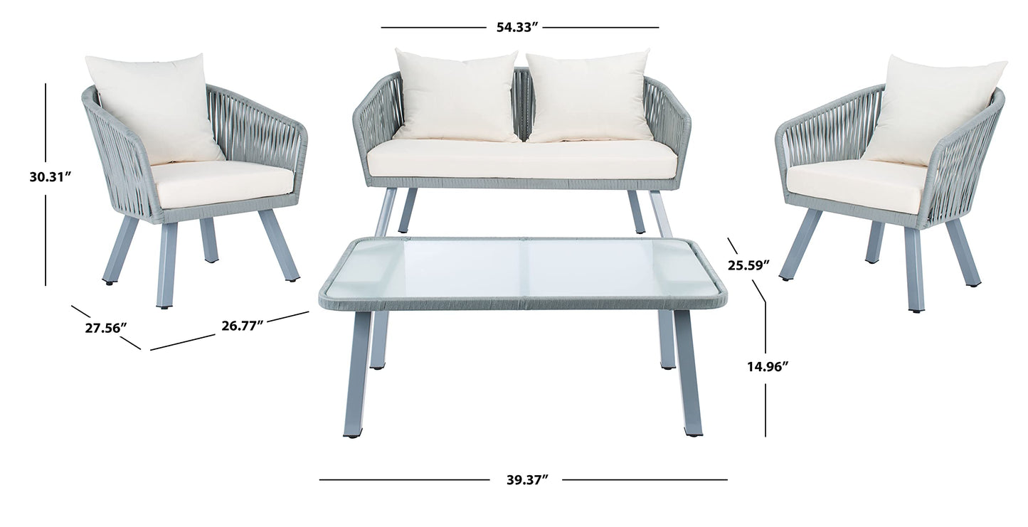 Safavieh Outdoor Collection Jorda Wicker Cushion 4-Piece Rope Patio Backyard Living Set PAT7518A, Grey/Beige
