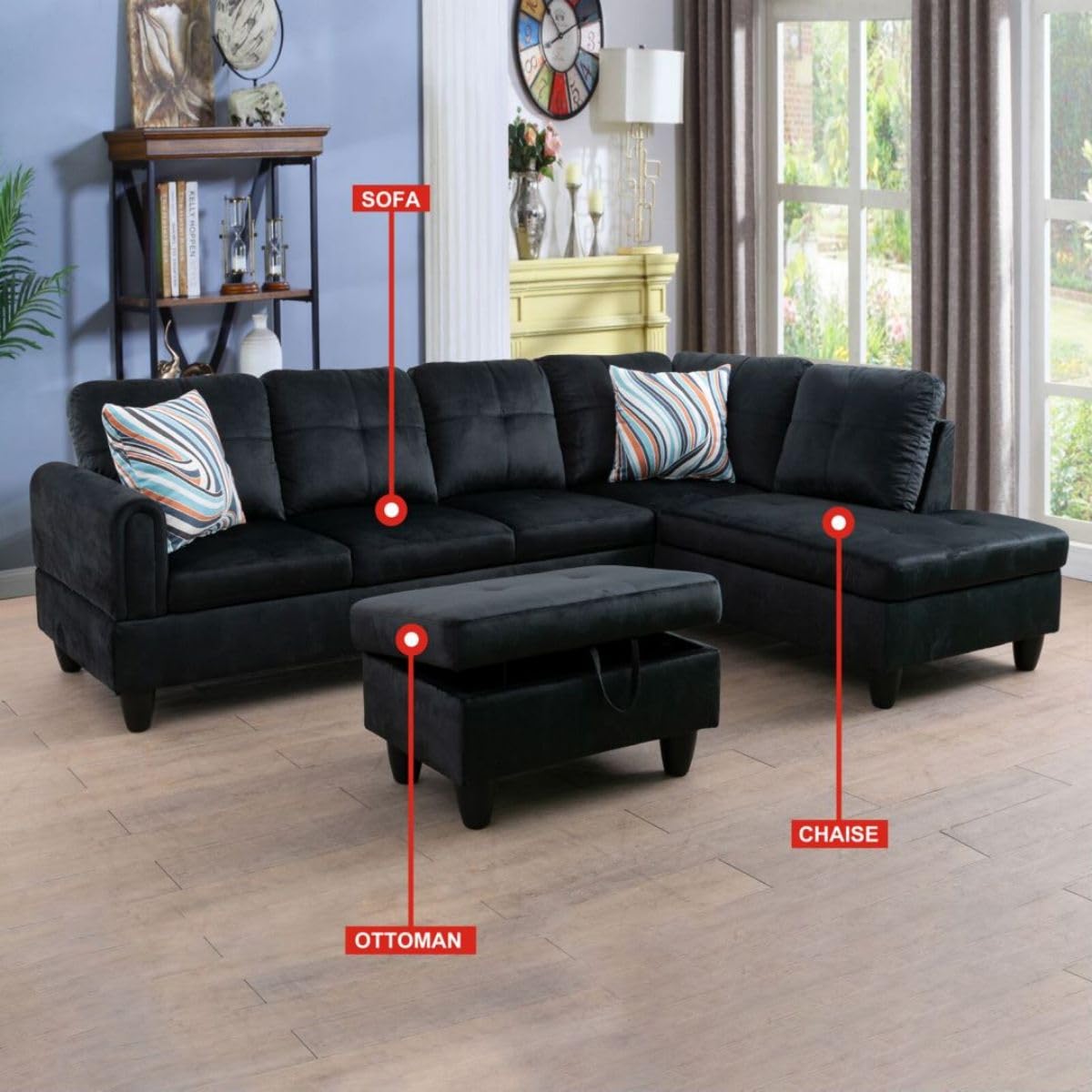 UOCFYK Black L-Shaped 3-Piece Flannel Sofa with Storage Ottoman Set, Sectional Couch Sofa Set for Living Room, Office, Small Space