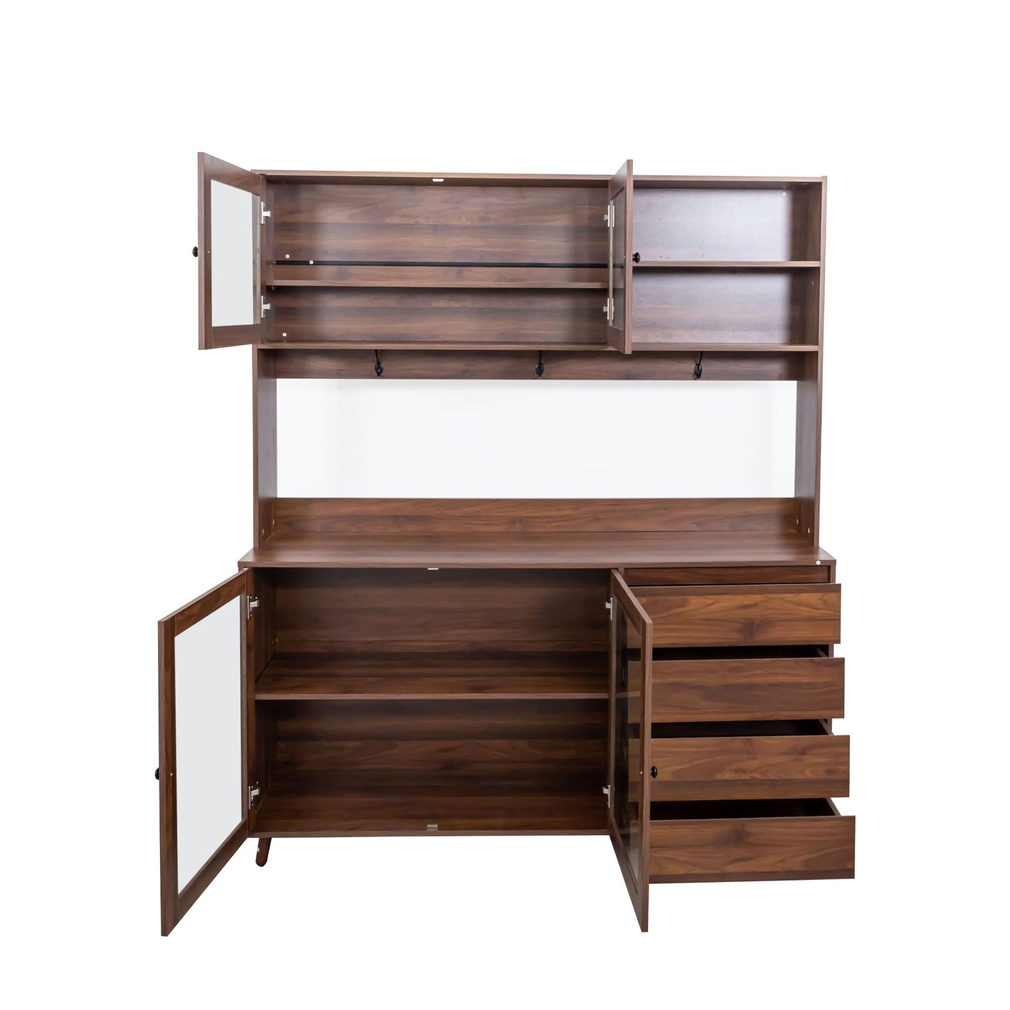 Ball & Cast 63" Large Kitchen Hutch Cabinet with Multi-Layer Shelves and 4 Doors & Drawers,Freestanding Pantry Storage Cupboard with Microwave Shelf,for Kitchen,Apartment,Livingroom,Walnut