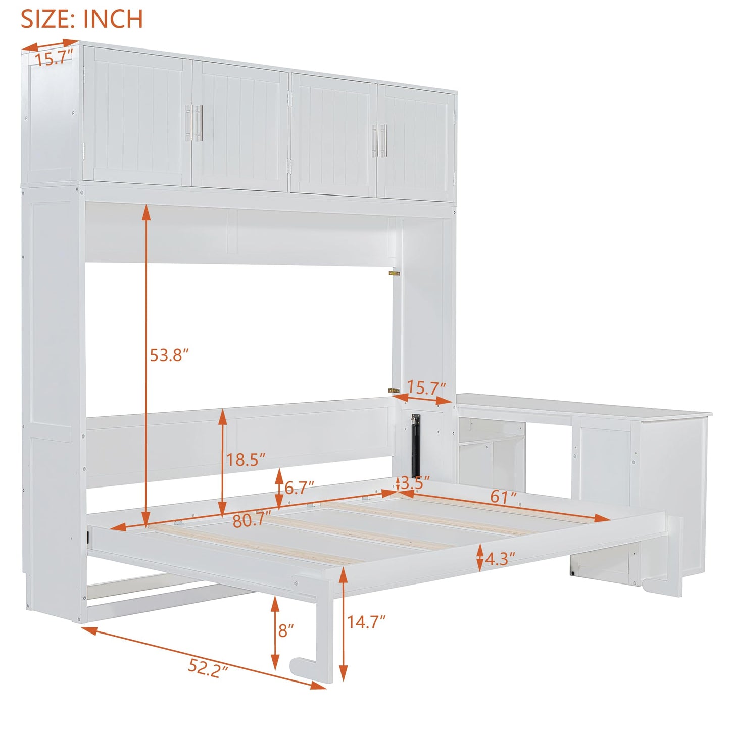 Merax Queen Size Wall Murphy Bed with Desk and Storage Shelves and Big Cabinets for Guest Room, Bed Room, Guest Room, Home Office, White