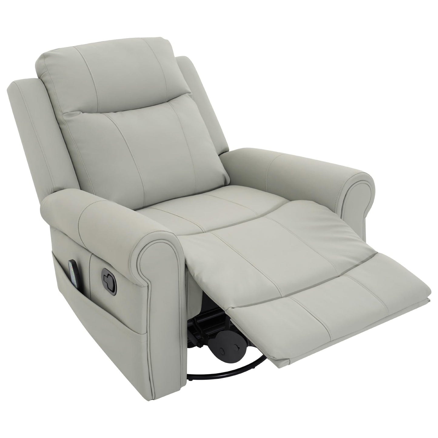Merax 270°Swivel Rocker Recliner Chair, PU Leather Manual Recliner with Massage and Heating, Dual Reclining Positions and Side Pocket and for Living Room, Bedroom, or Nursery, Grey
