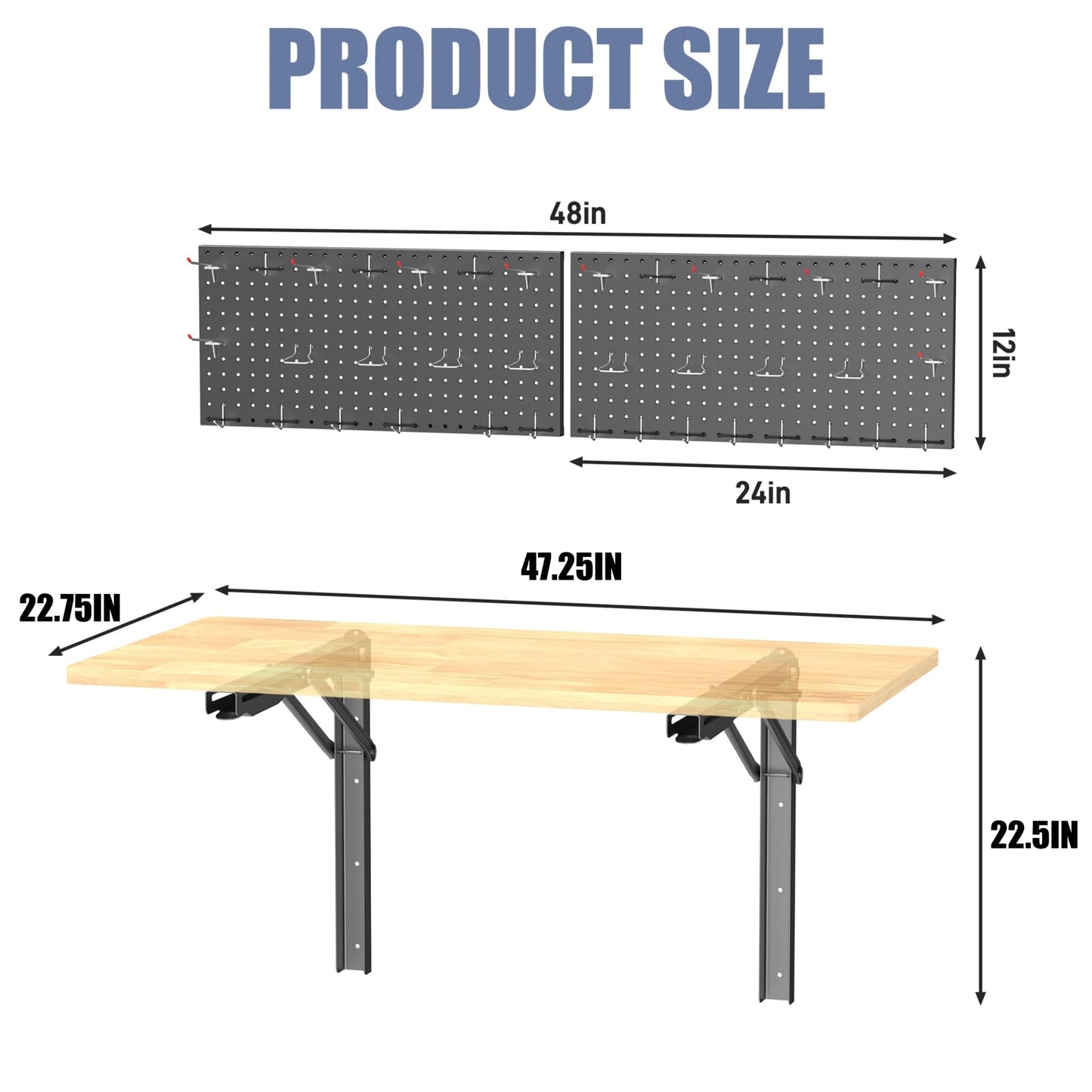 WALMANN Space Saving Wall Mounted Folding Workbench with Pegboard Kit, Heavy Duty Folding Wall Table/Desk for Garage, Workshop, Holds Up to 550 lbs(Tabletop Size: 47.25 x 22.75 in)
