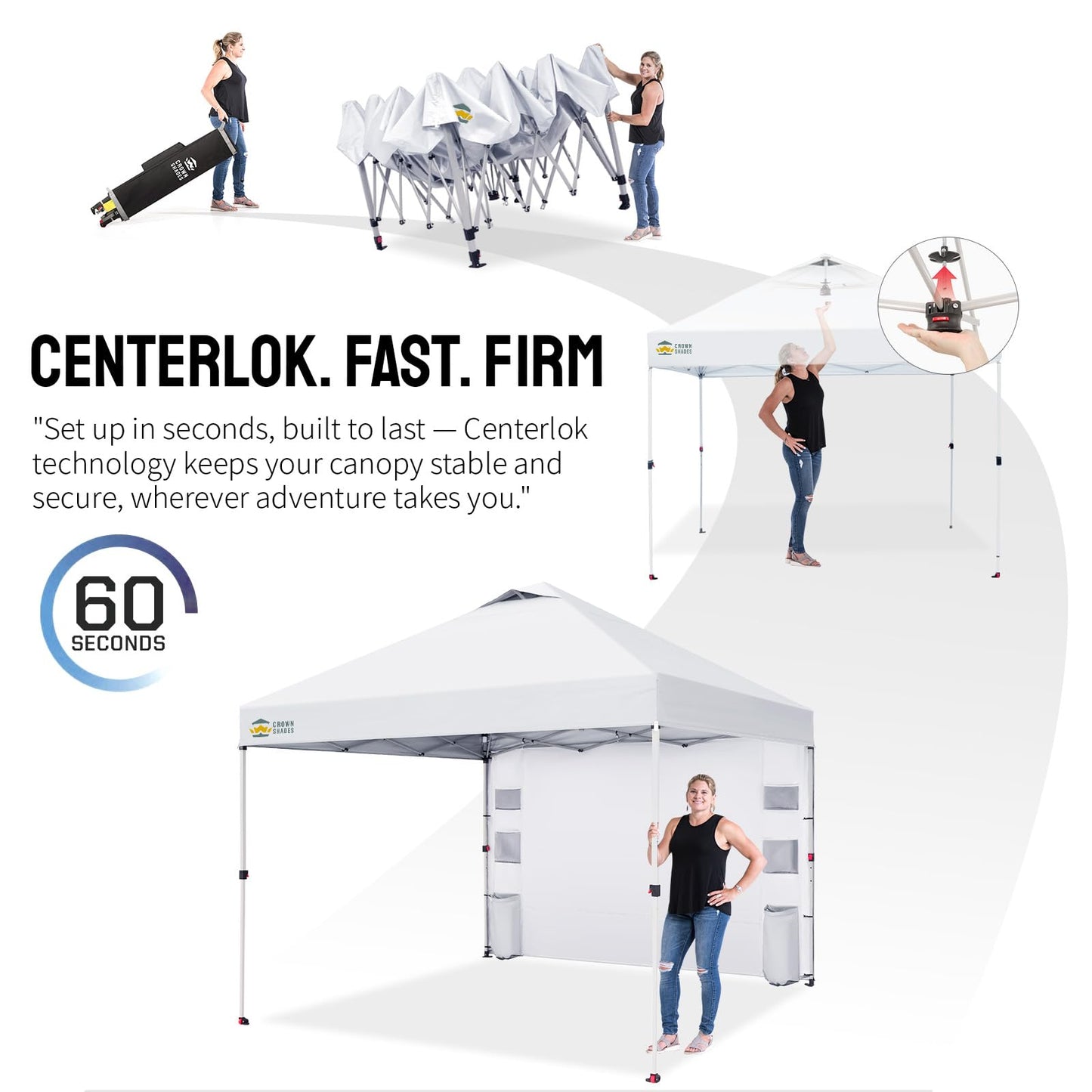 CROWN SHADES Canopy Tent 10x10 Pop Up Canopy Outdoor Shade with Pockets Sidewall, Easy Up Sun Shelter with One Person Set Up Center Lock, Portable Instant Camping Beach Canopy Tents, Grid White