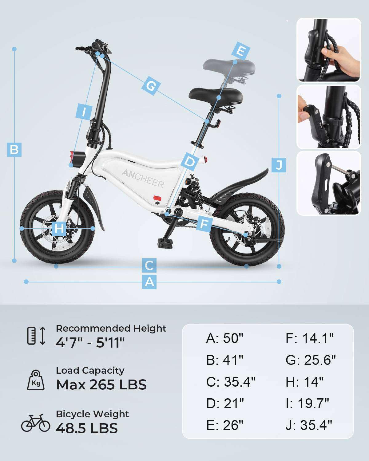 ANCHEER 14" Folding Electric Bike for Teens, 500W Max Motor, 19.8MPH City Ebike, Triple Shock Absorber, 48V 374Wh Battery, Brake Taillight,Cruise Control, Electric Bicycle for Adults, UL2849 Compliant