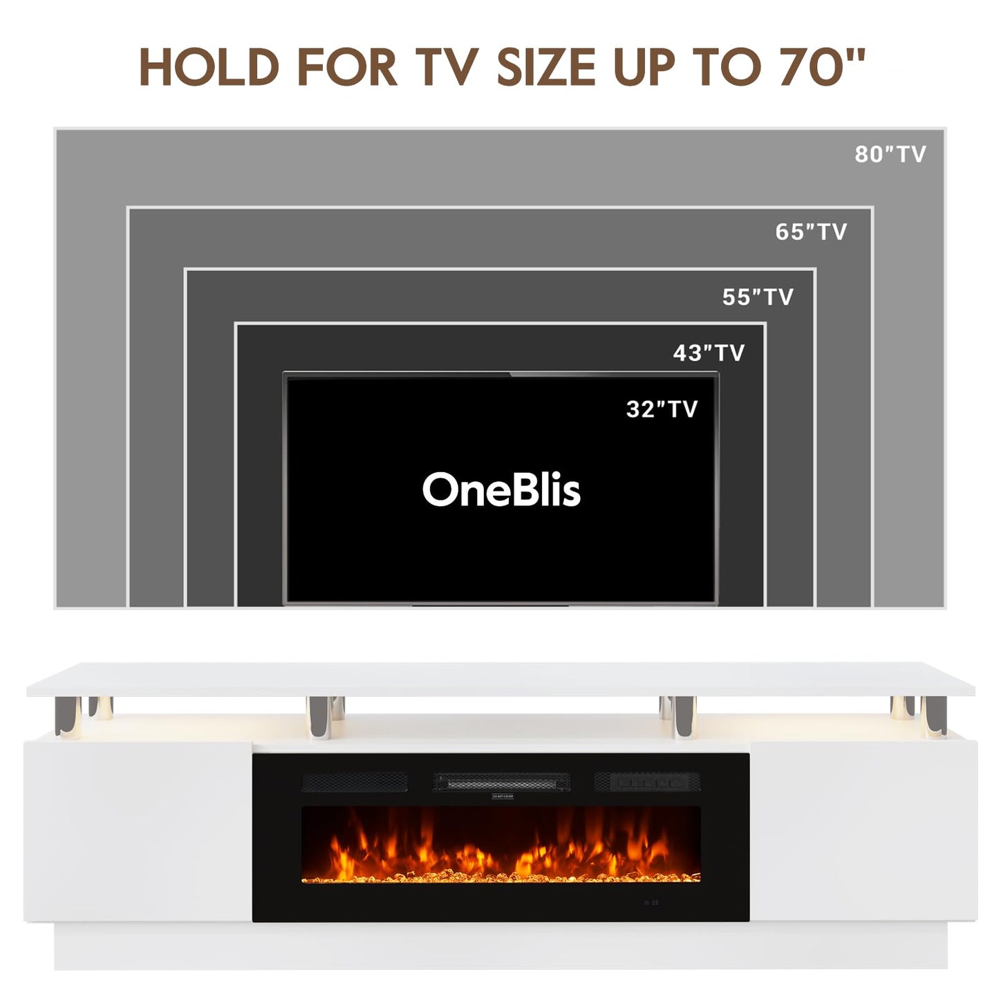 OneBlis 70" TV Stand & Entertainment Center, Media Console with Storage Shelves, Fits TVs up to 80", Modern Living Room Furniture, 36" Electric Fireplace (White+Black)