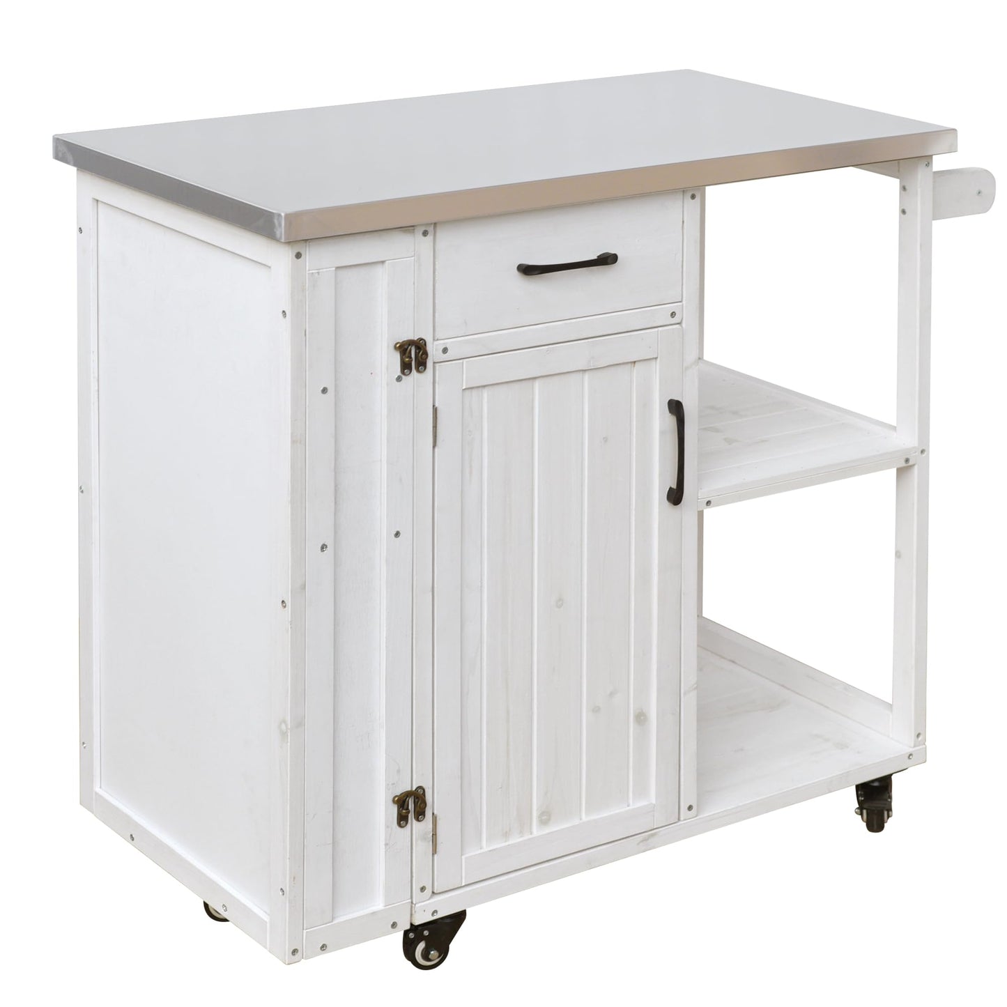 Outdoor Kitchen Island Cart with Stainless Steel Top, Rolling Grill Table with Storage Cabinet Drawer Shelves and Towel Rack, Wooden BBQ Prep Station with Lockable Wheels for Patio Backyard, White