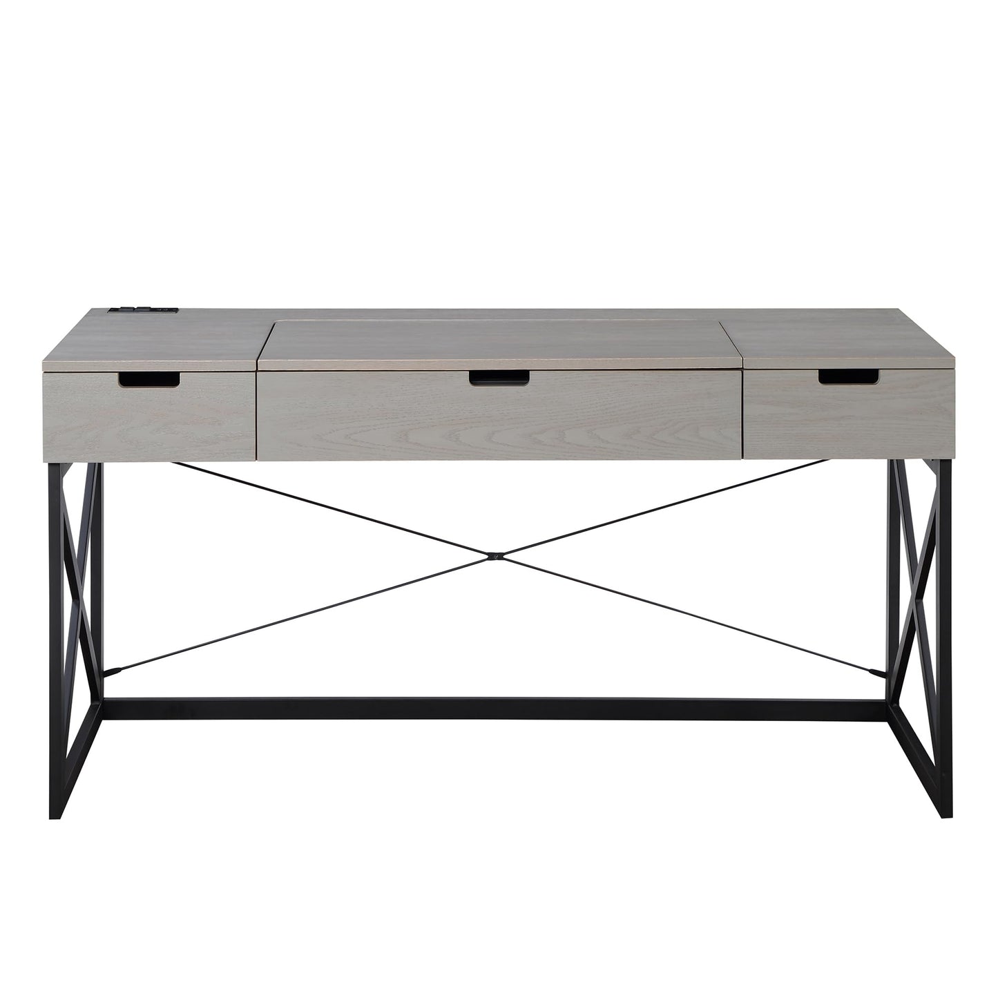 24/7 Shop at Home Ashiya Transitional 2 Drawers Metal Hidden Storage Desk with Lift-Top, USB Port, Power Outlet for Workstation, Home Office, Study Room, Antique Gray
