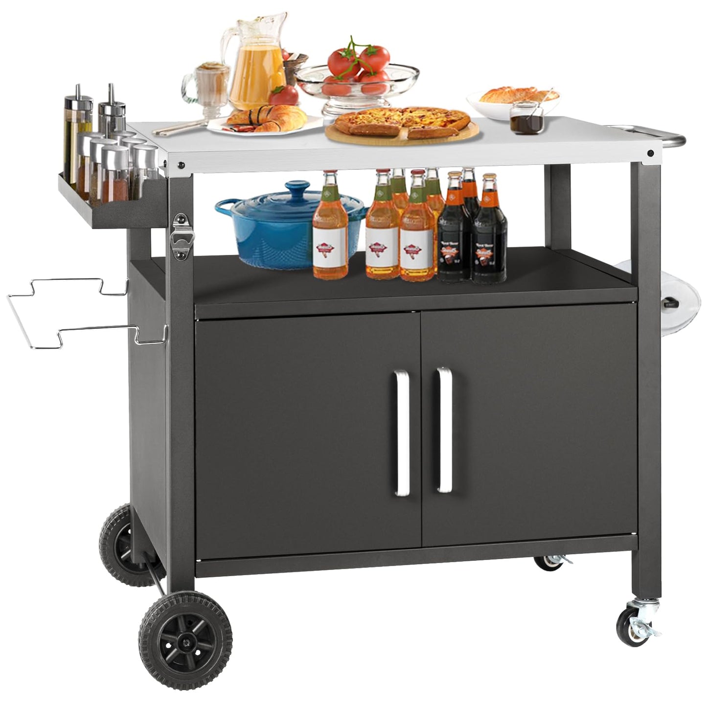 Kendane Grill Cart Table with Big Storage Cabinet, Movable Outdoor Dining Cart Pizza Oven Stand, Kitchen Cart Island Multifunction Food Prep Table Stainless Steel Surface