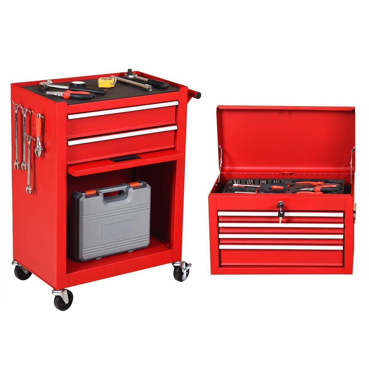 Goplus 2PCS Rolling Tool Chest, 6-Drawer Toolbox Set of 2, Removable Tool Storage Organizer Lockable Cabinet
