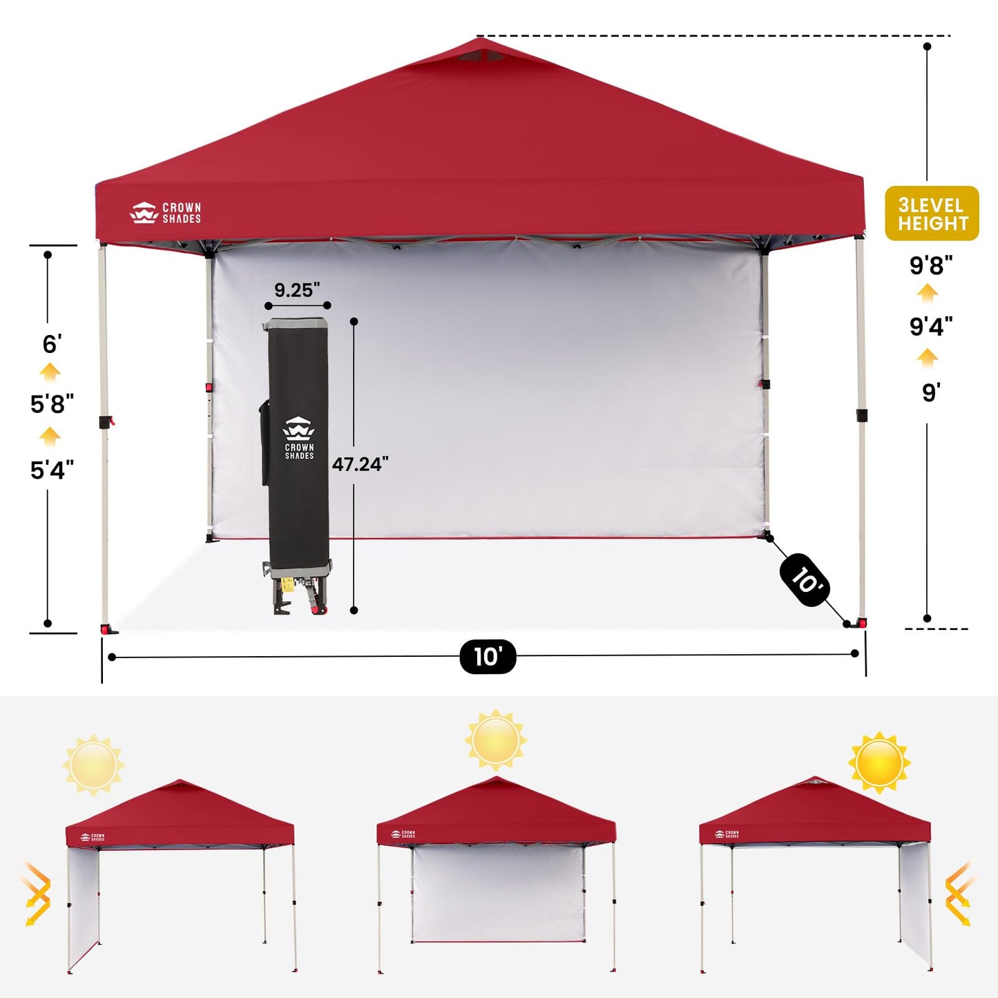 CROWN SHADES 10x10 Pop Up Canopy with 1 Side Wall - Beach Tent with One Push Setup - Outdoor Sun Shade for Events, Parties, Camping - Gazebo with STO-N-Go Cover Bag (Red)