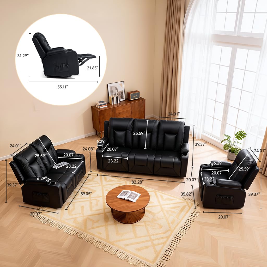 COMHOMA Living Room Furniture Set,Faux Leather Manual Recliner Sofa Sets with Cup Holders,Reclining Couch,Loveseat and Armchair,3+2+1,Black
