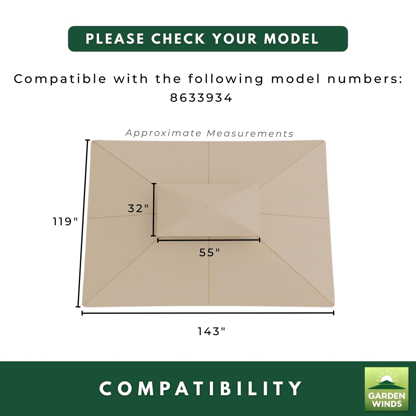 Garden Winds Reinforced RipLock 350 Replacement Canopy Top Cover Compatible with Casual Way Awning 10'x 12' Gazebo Model 8633934 - Beige