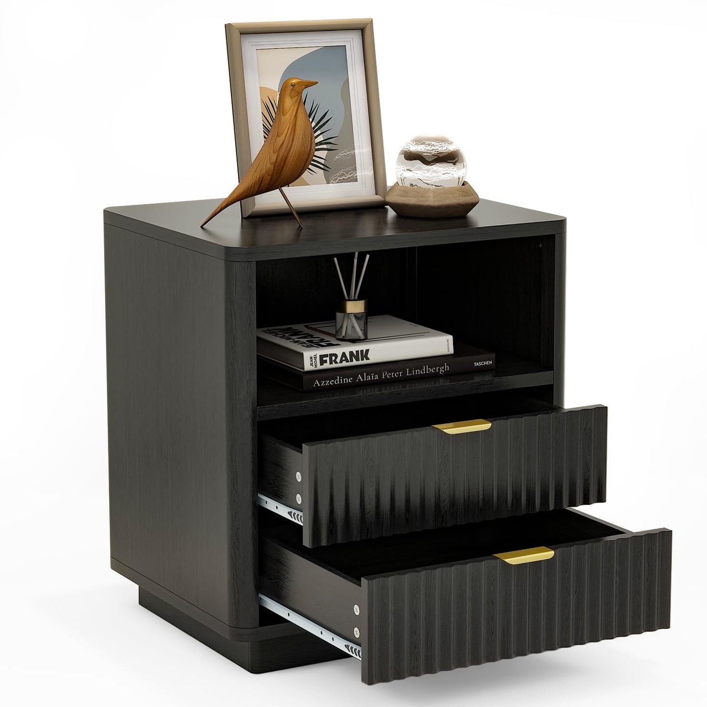 ROCSUMOO Black Nightstands Set of 2, Fluted Nightstands with 2 Drawers and Open Shelves, Large Wooden Night Stands Modern Design Night Stand for Bedroom Sofa Office (2, Black)