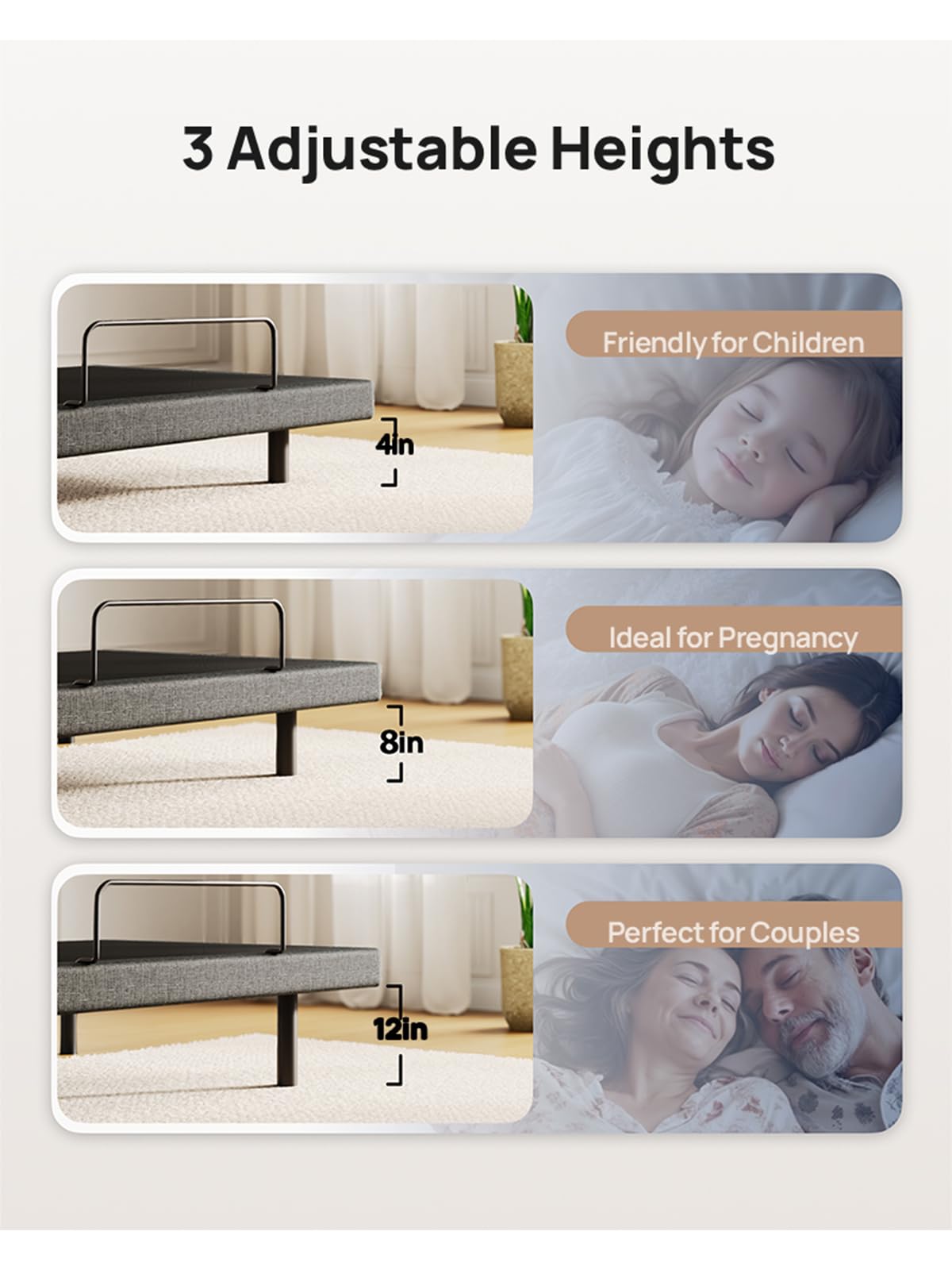 Glendan Queen Adjustable Bed Frame: Back & Foot Incline Electric Bed Base, Remote Control with Storage Basket, USB-A & USB-C Both Sides Charging, Zero Gravity Anti-Snore, 3 Heights, Easy Assembly