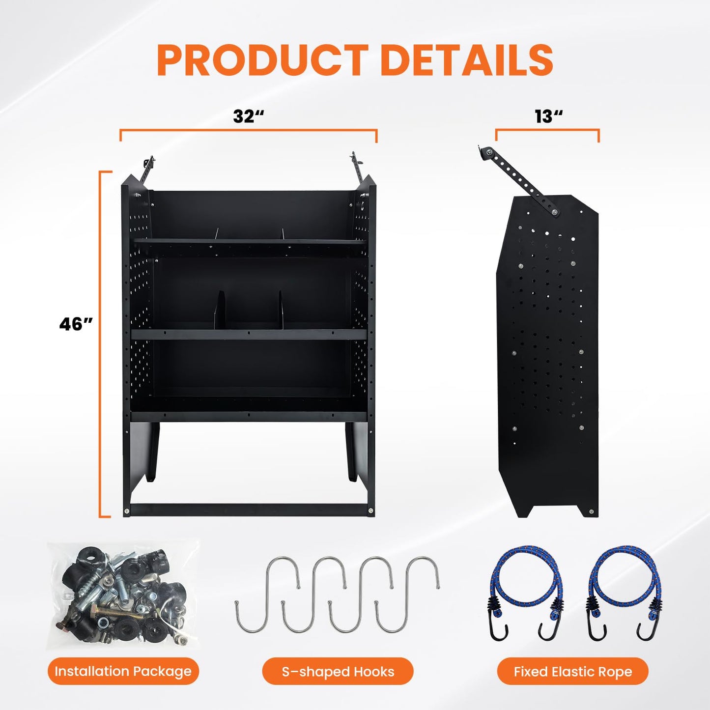 EONECROSS Cargo Van Shelving Storage System Low/Mid/High Roof Steel Van Shelves Fit for Ford Transit,GM,Chevy Express,NV,Promaster,Sprinter and Metris,32" W x 46" H x 13" D