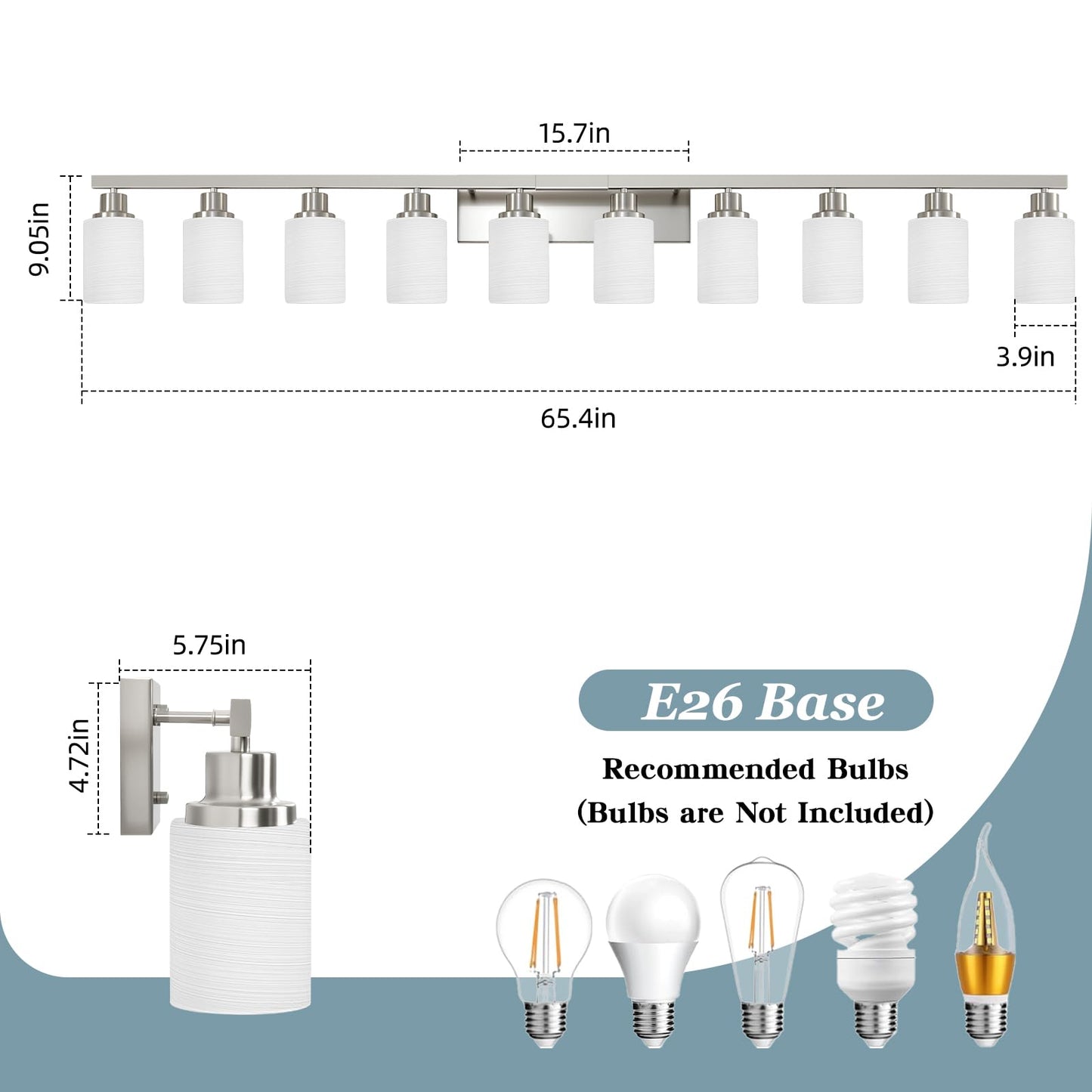 DIKAIDA 10-Light Bathroom Vanity Light Brushed Nickel,64.5in Vanity Lights with White Frosted Glass,Modern Bathroom Wall Lights Fixtures Over Mirror,Wall Sconces Lighting for Bedroom Living Room,E26