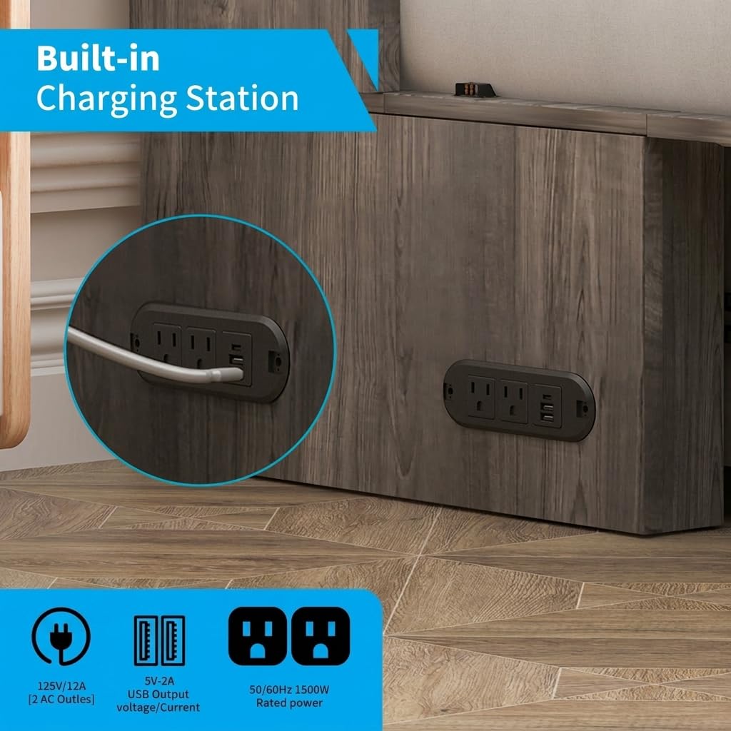 Mjkone Murphy Bed, Cabinet Beds Queen Size with Mattress Included, USB Charging Port, Drawer, Space Saving Queen Murphy Chest Bed, Hidden Cabinet Guest Wall Beds for Bedroom, Apartment, Grey
