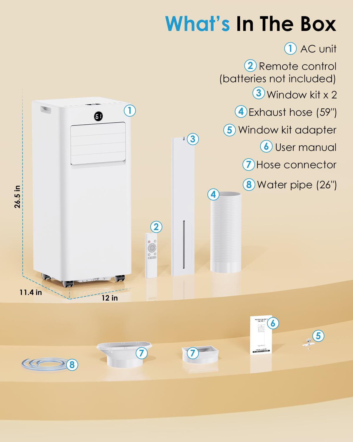 Portable Air Conditioners 8000 BTU, Quiet Air Conditioner with WiFi/App Control, 24H Timer, Dehumidifier, Fan, Cooling, Sleep Modes 4-in-1 AC Unit for Room with Window Kit, for Bedroom/Office, White