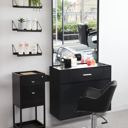 59.4" Barber Salon Station Organizer Cabinet Makeup Hair Styling Beauty Spa Equipment Set, Wall Mount Salon Station Barber Stations Styling Station with Mirror Barber Beauty Spa Salon Equipment, Black