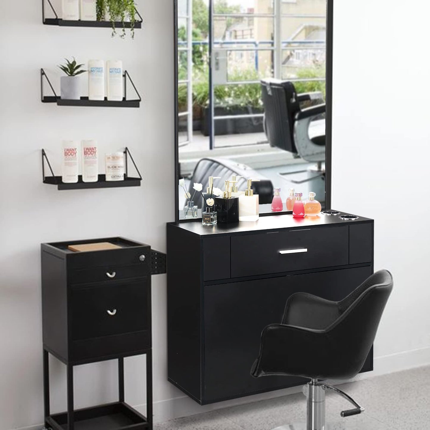 59.4" Black Salon Cabinet Station with Mirror, Beauty Salon Barber Spa Equipment with Mirror, Barber Salon Stations with Mirror, Beauty Salon Barber Spa Equipment with Mirror, Shelves, Cabinet