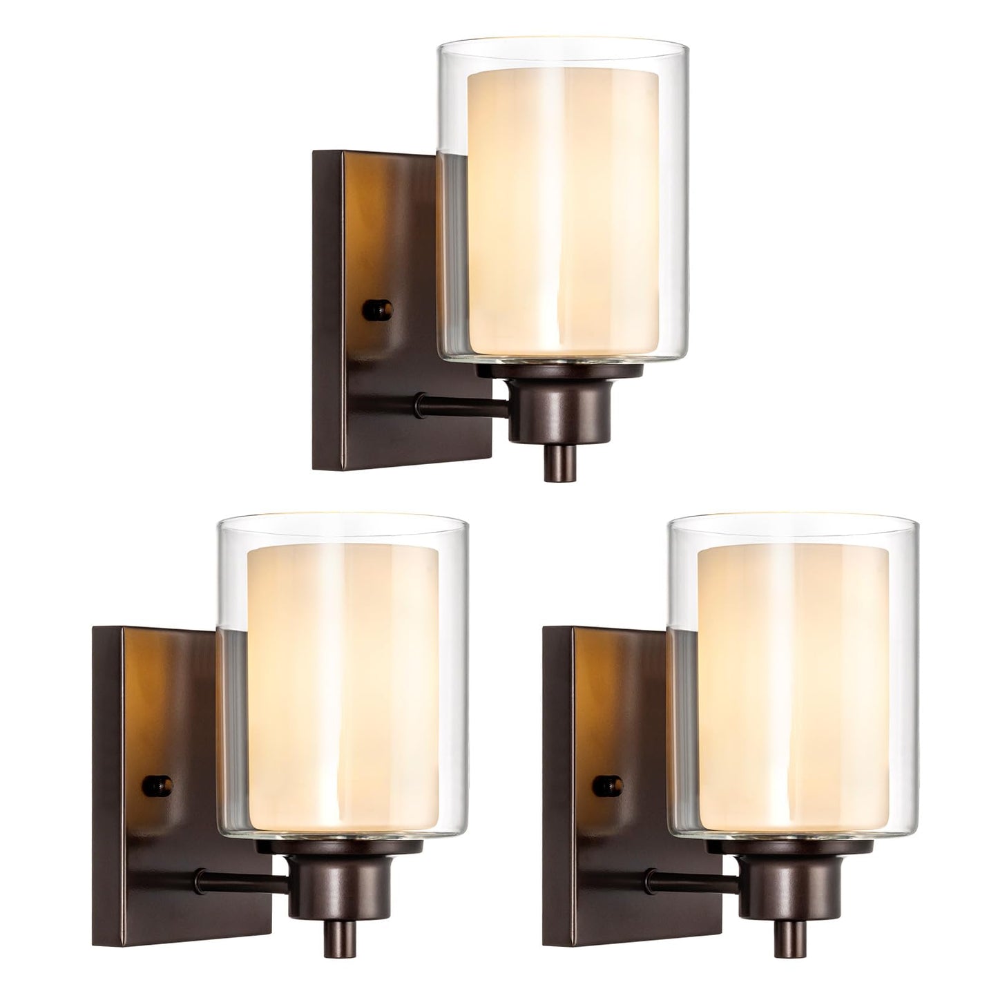 Eidonta Bath Vanity Light Fixtures, Modern Wall Scone with Dual Glass Shade, 3 Pack, Oil Rubbed Bronze
