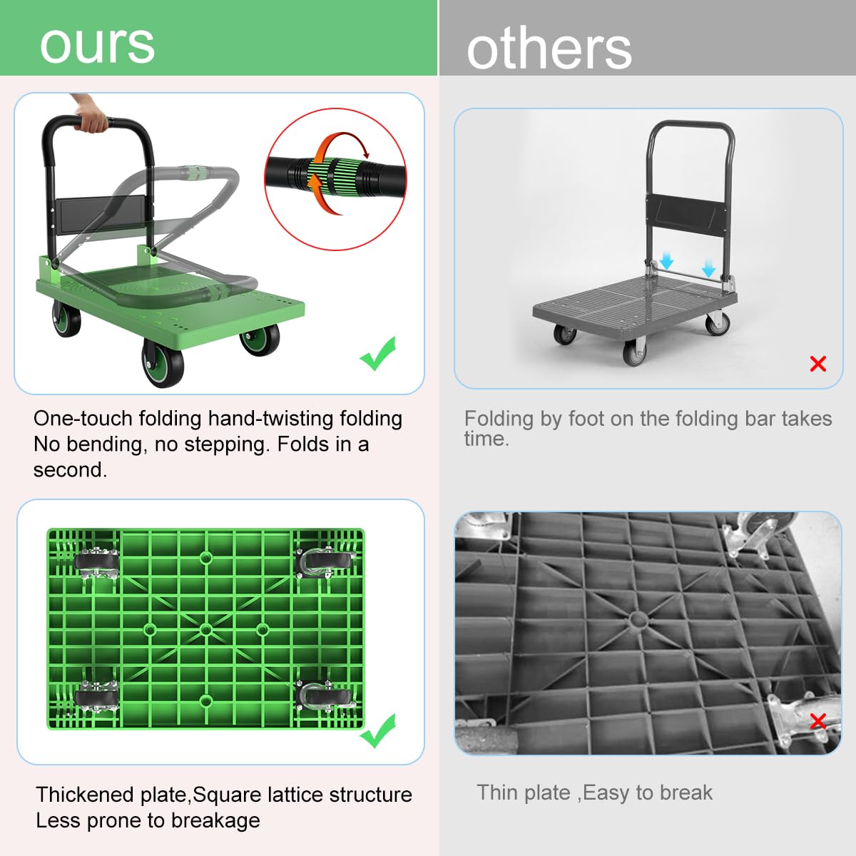 WUD Push Cart, Folding Mobile Platform Trolley,Thickened and Reinforced, 360° Swivel Wheels, 35.4 “L x 23.6 ”W, 1323 lb. Green Dolly cart with Wheels