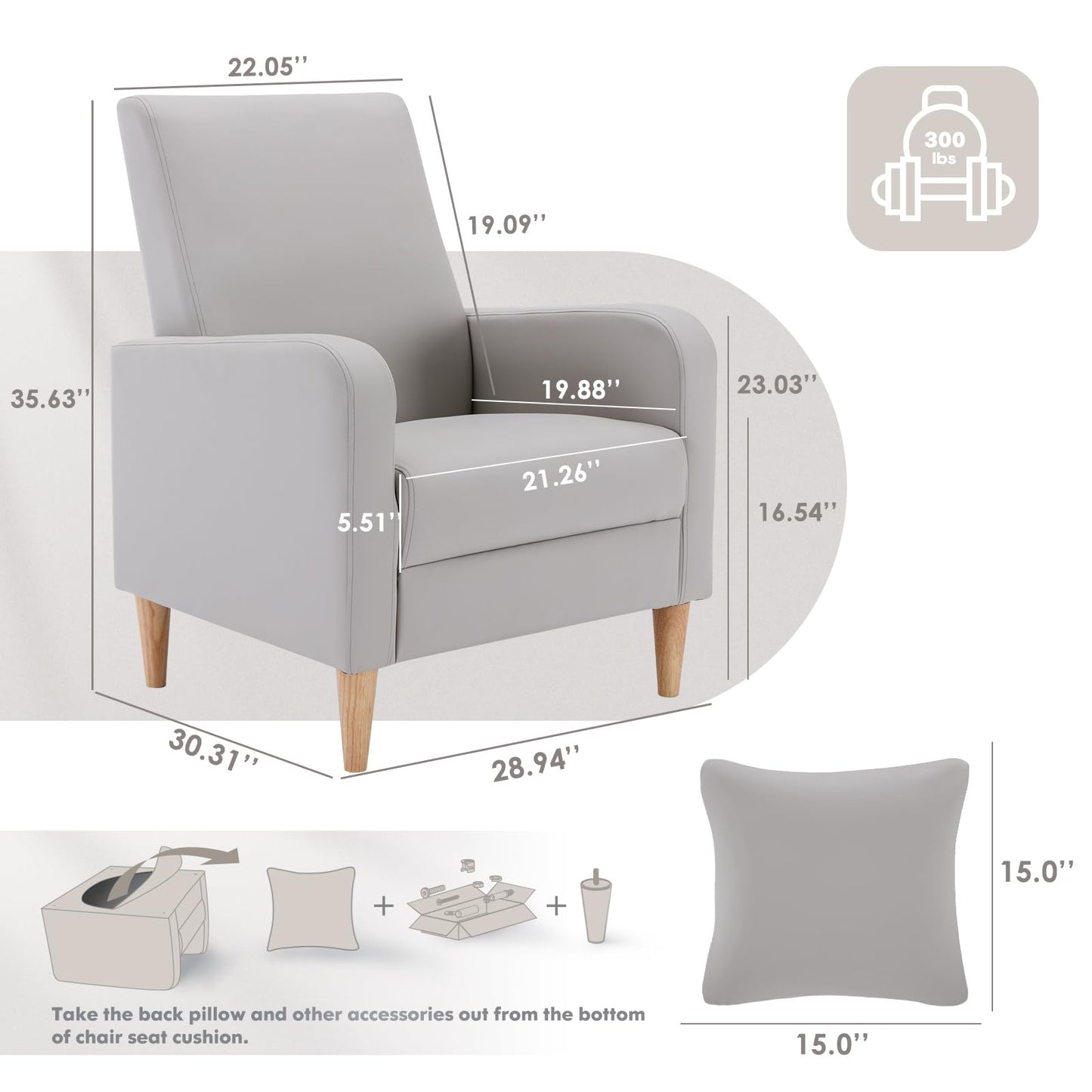 COLAMY Faux Leather Accent Living Room Chairs Set of 2, Upholstered Arm Chair Reading Side Chair, Single Sofa with Back Pillow and Wood Legs, Light Grey