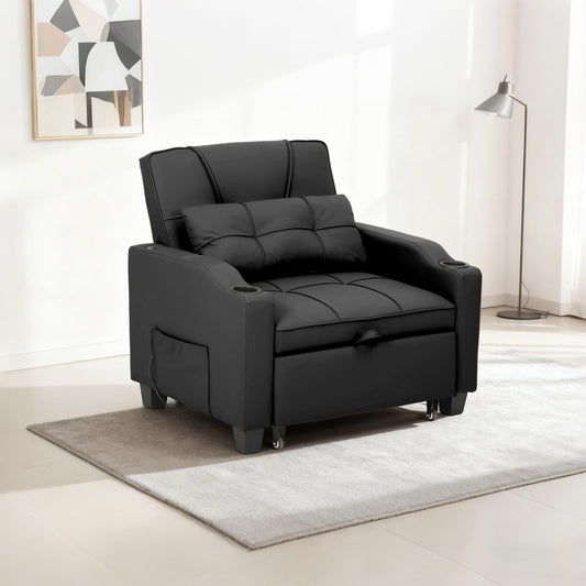 4 in 1 Convertible Sleeper Chair Bed with Vibration Massage Lumbar Pillow, Single Sofa Recliner Featuring USB/Type-C Port, Cup Holders & Side Pocket, Space-Saving Pull Out Bed for Small Spaces, Black