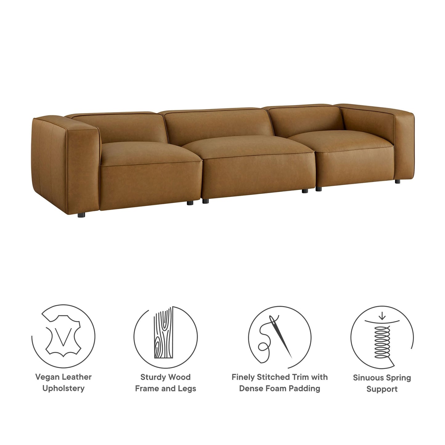Modway Auren Vegan Leather 3 Piece Modular Sofa in Camel - Faux Leather 3 Seater Couch - Comfy Mid Century Modern PU Leather Sofa for Living Room, Apartment, Loft