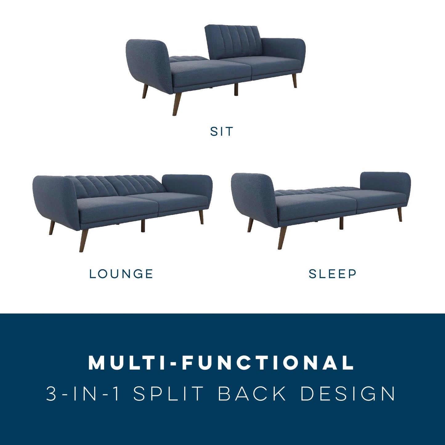 Novogratz Brittany Sofa Futon, Premium Linen Upholstery and Wooden Legs, Blue Linen