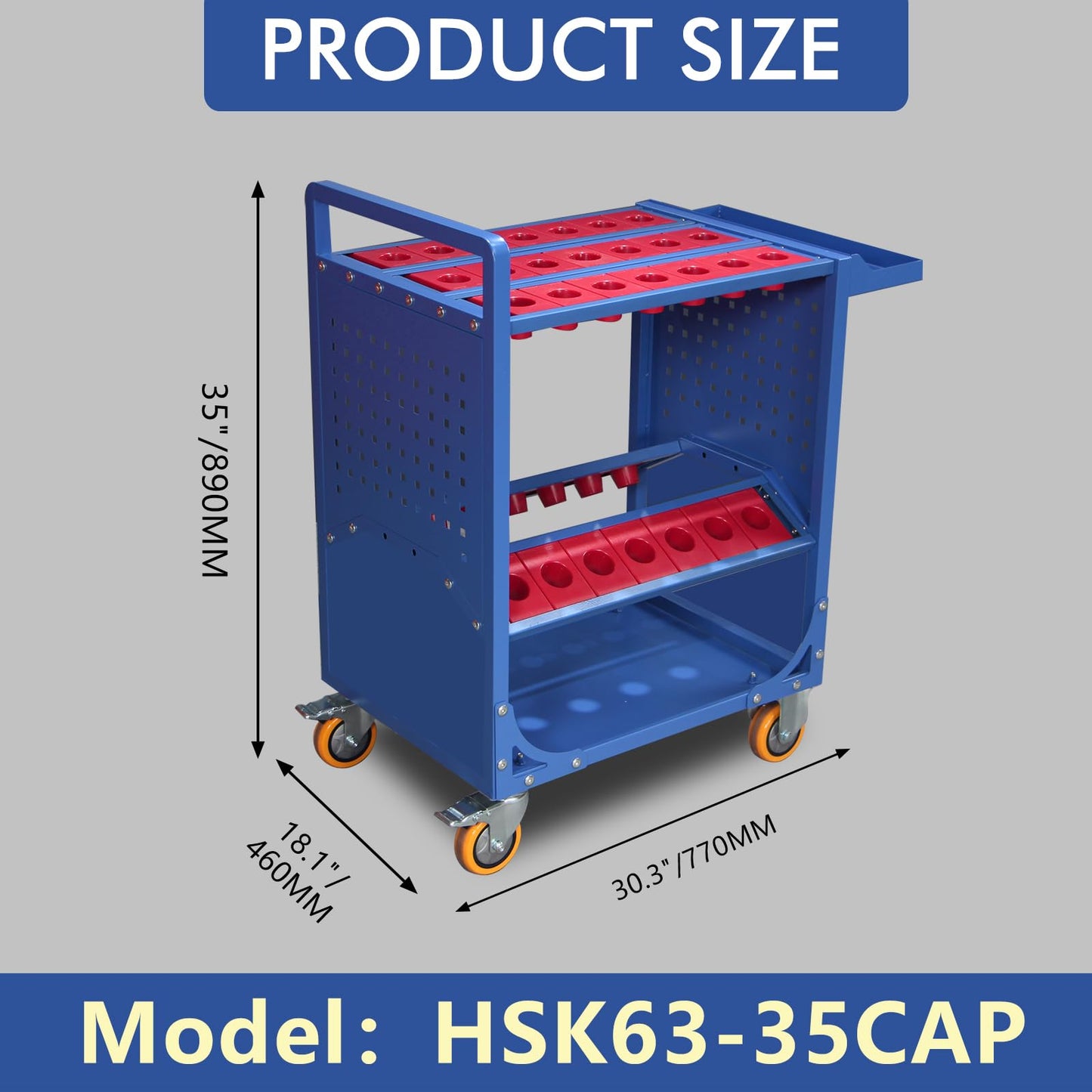 HSK63 Blue CNC Tool Storage Cart, HSK63-35CAP Tool Holder Carts with Wheels