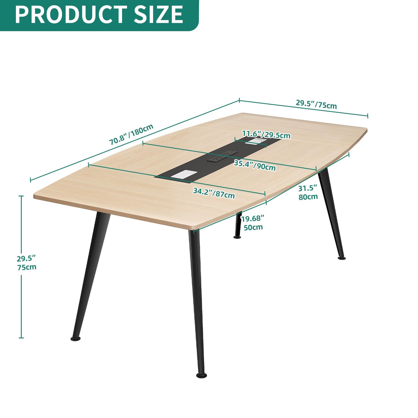 DWVO 6FT Conference Table, 70.8" Boat Shaped Meeting Table with Power Outlets & Rectangle Grommet, Modern Seminar Table for Office Conference Room, Boardroom Desk