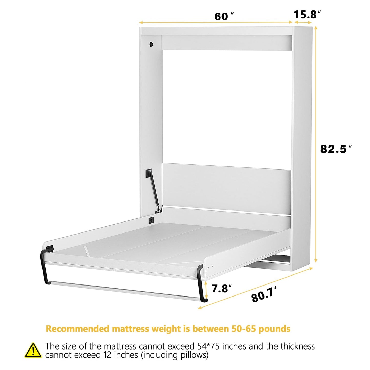 ROOMTEC Full Size Murphy Wall Bed, White, Space-Saving Furniture Bed Frame for Bed Room,Guest Room,Home Office