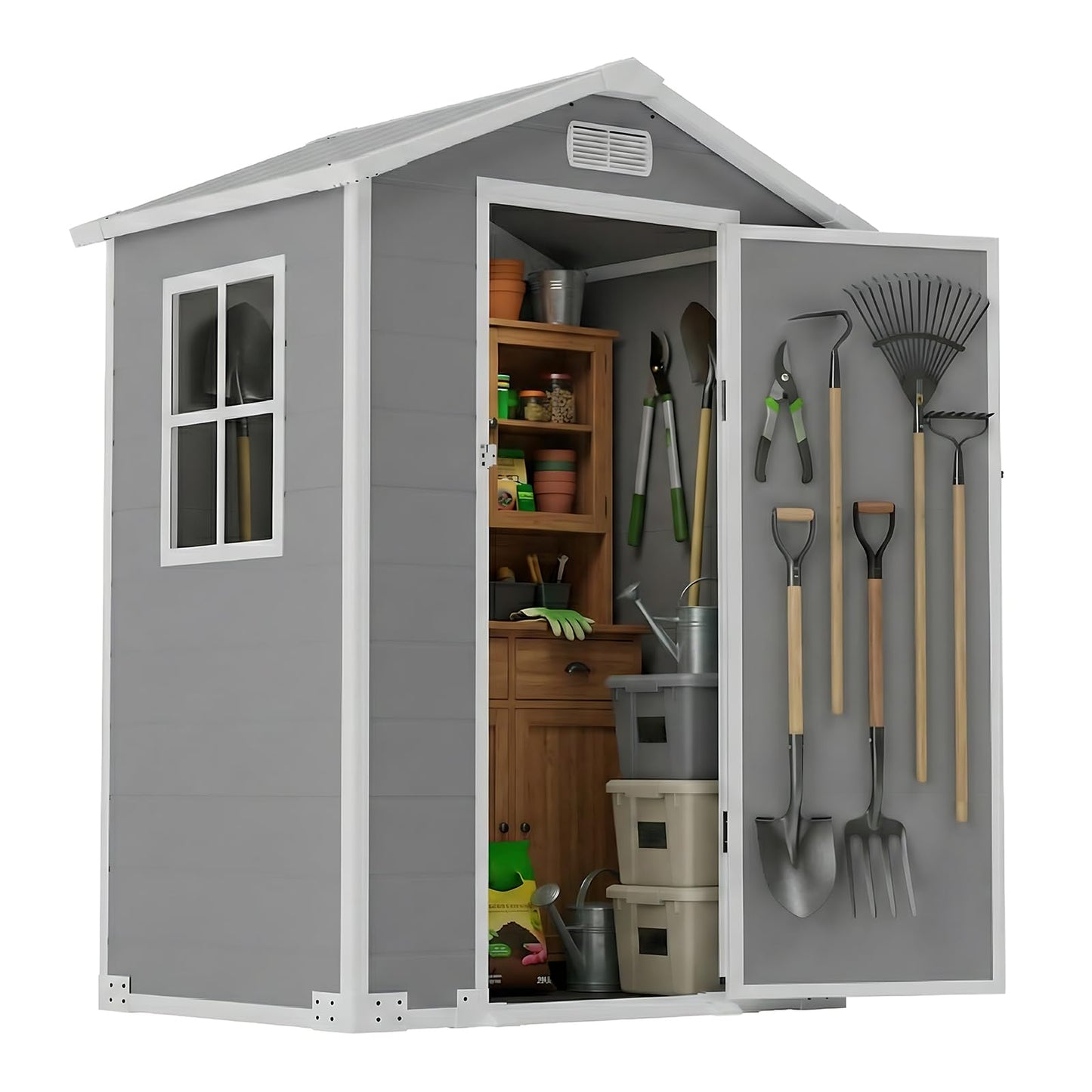 4x3 FT Outdoor Storage Shed, Resin Shed with Sloped Roof and Rain Holes, Storage Shed with Lockable Door and Transport Ramp, with Window＆Vent,Suitable for Backyard, Garden, Patio, Lawn, Gray