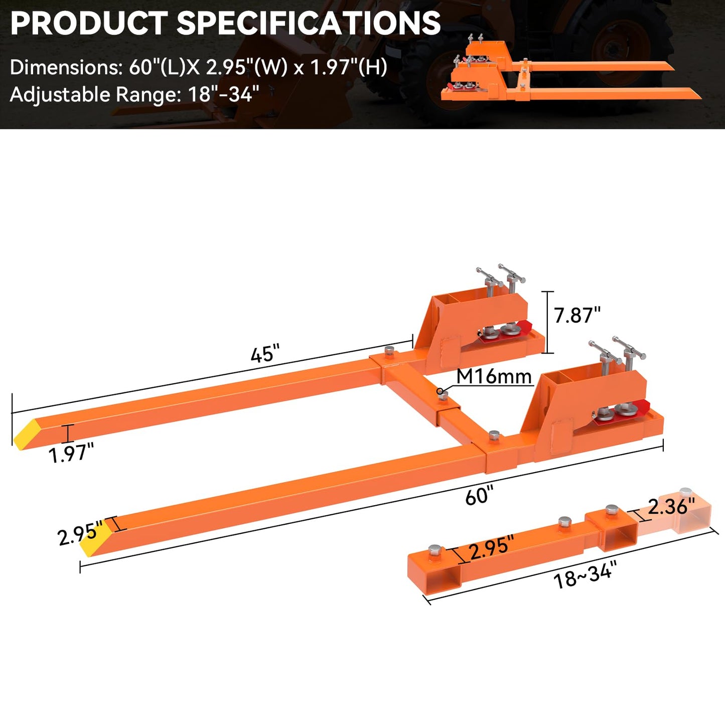 New Upgraded Clamp on Pallet Forks with Twin Round Pad Screw, Orange 60" Total Length 4000LBS Tractor Bucket Forks, Non-Slip Design Quick Attach Pallet Forks Attachment for Tractor Bucket