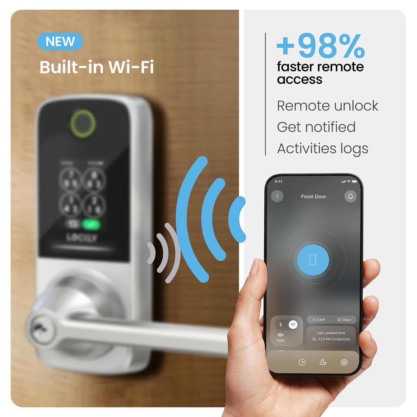 Lockly Secure Pro Smart Lock with Handle - Biometric Fingerprint & Patented Anti-Peep PIN Genie Keypad, Built-in Wi-Fi Keyless Entry Door Lock, App Remote Control, Works with Alexa & Google Assistant