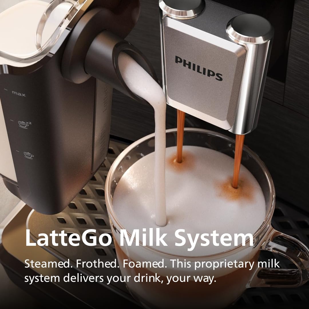 Philips 3300 Series Fully Automatic Espresso Machine with LatteGo Milk System and integrated grinder, 6 Hot & Iced Coffee Pre-Sets, 40% Quieter SilentBrew, 15-Bar Pressure, Glossy Black (EP3341/50)