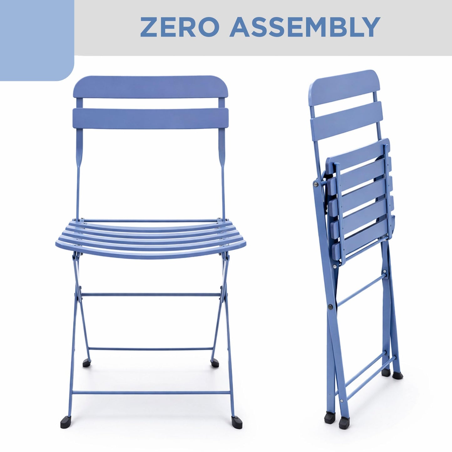 Alpine Corporation VTFAM168A-BL 3-Piece Blue Metal Folding Bistro Set – 20" Round Patio Table with 2 Folding Chairs – Portable Indoor/Outdoor Balcony & Garden Furniture Set