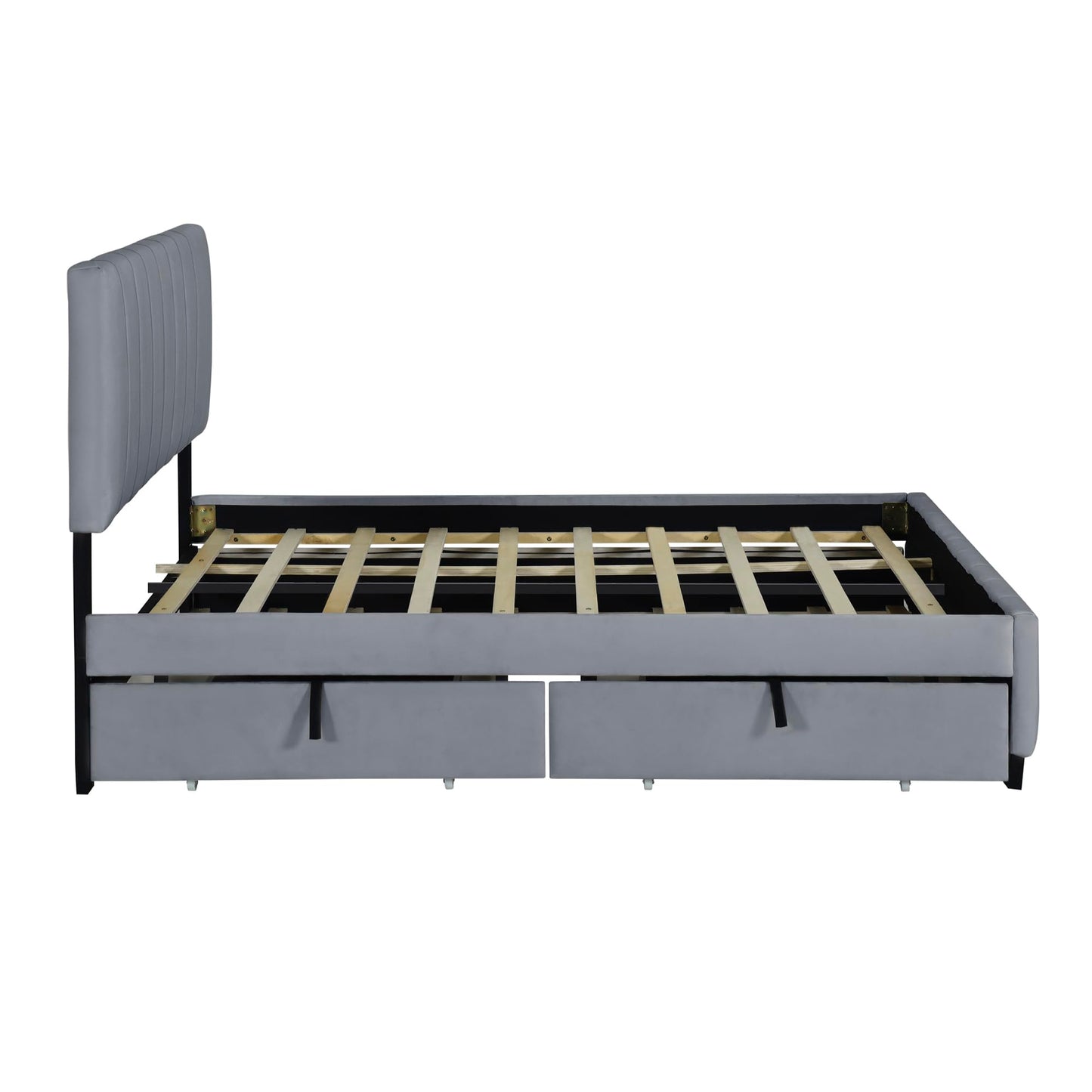 Bellemave Queen Bed Frame with Trundle Bed,Velvet Upholstered Platform Bed Frame with Storage Drawers,Queen Size Trundle Bed with Headboard for Kids Teens Adults,Gray