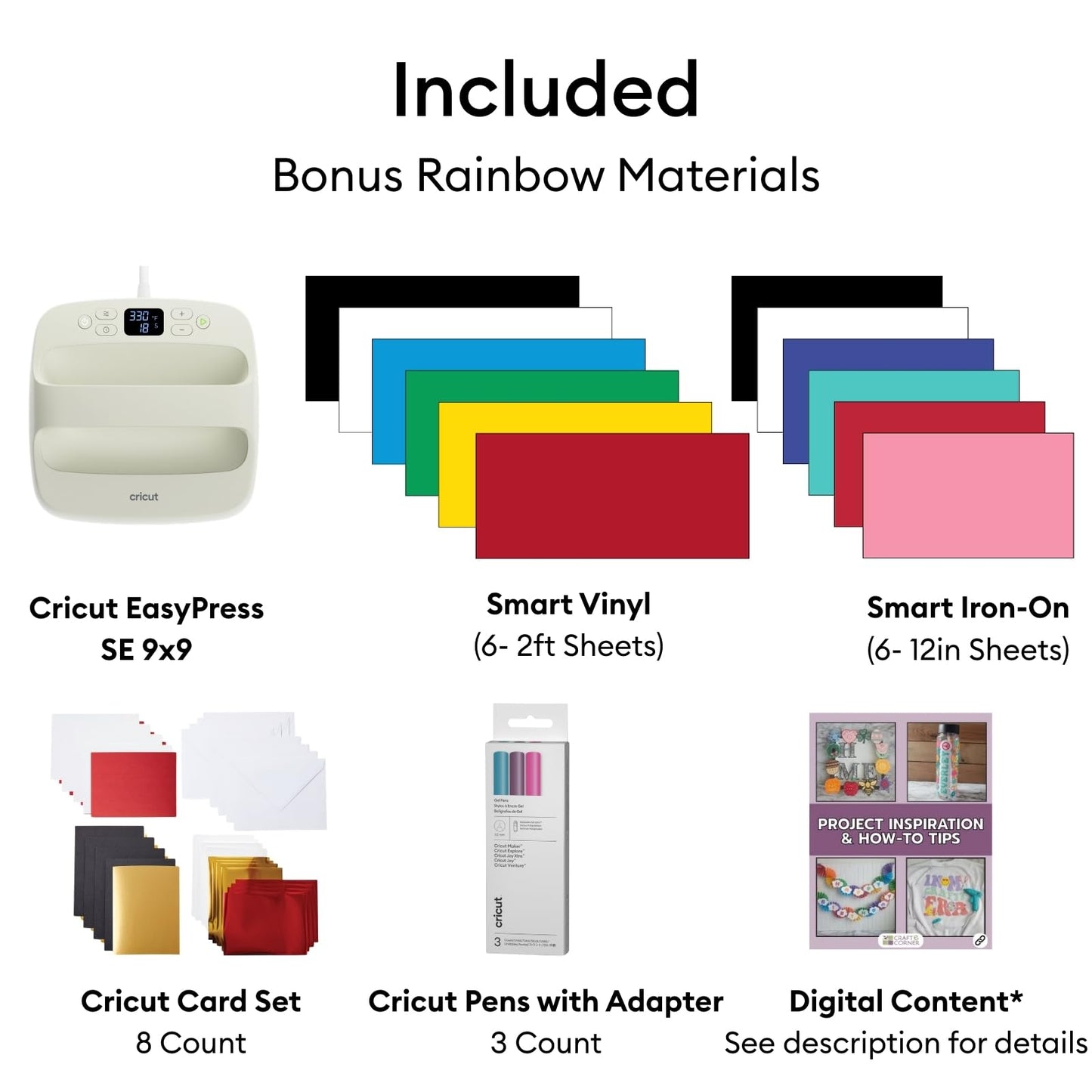 Cricut Explore 5 Multicolor Essential Bundle with EasyPress 9x9 - All-in-One Kit for Stickers, T-Shirts & Custom Apparel - Includes Multicolor Smart Vinyl & Iron-On, Heat Press & Card Supplies