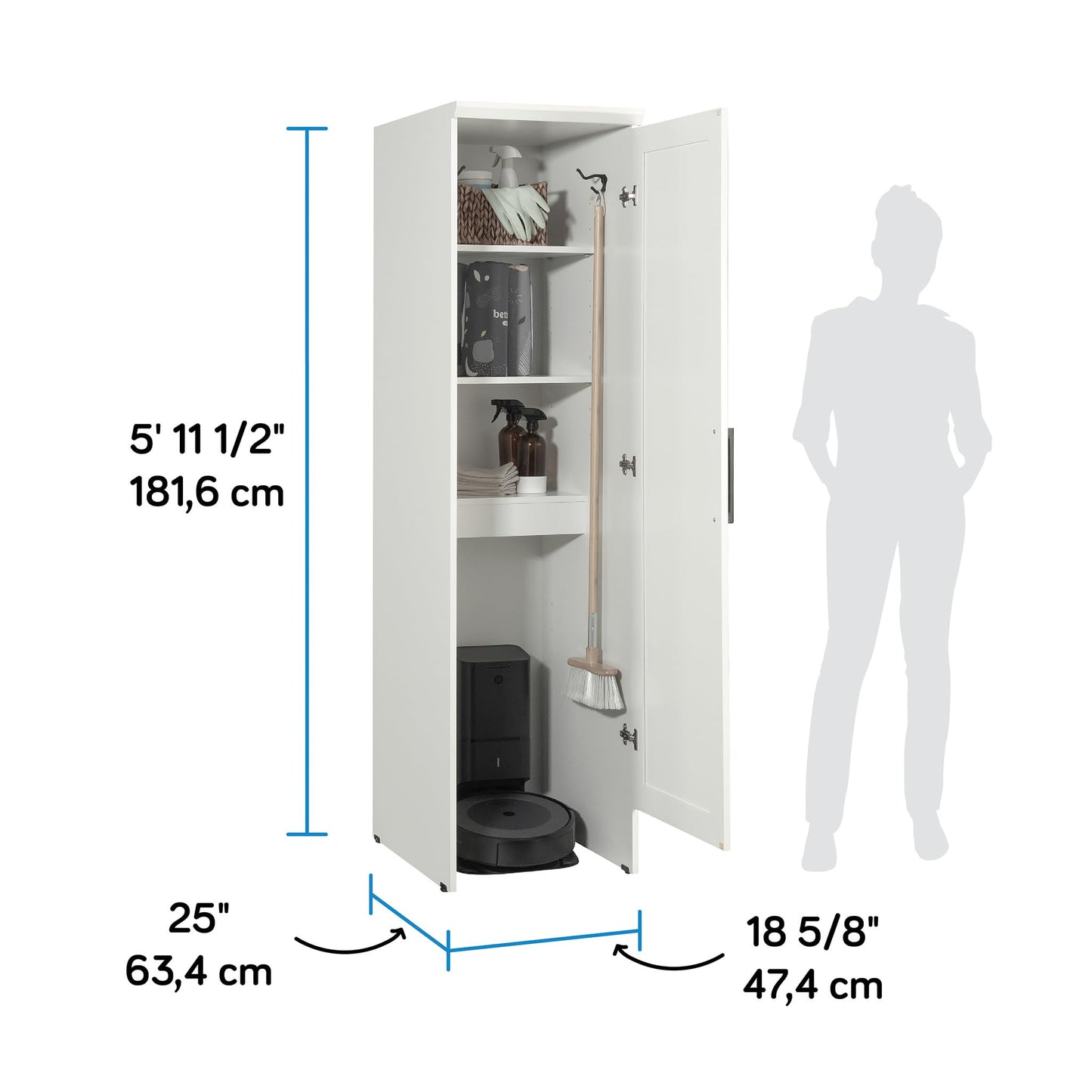 Sauder Homeplus Robot Vacuum Kitchen Pantry Storage Cabinet, Single Door with Adjustable Shelves, in Soft White